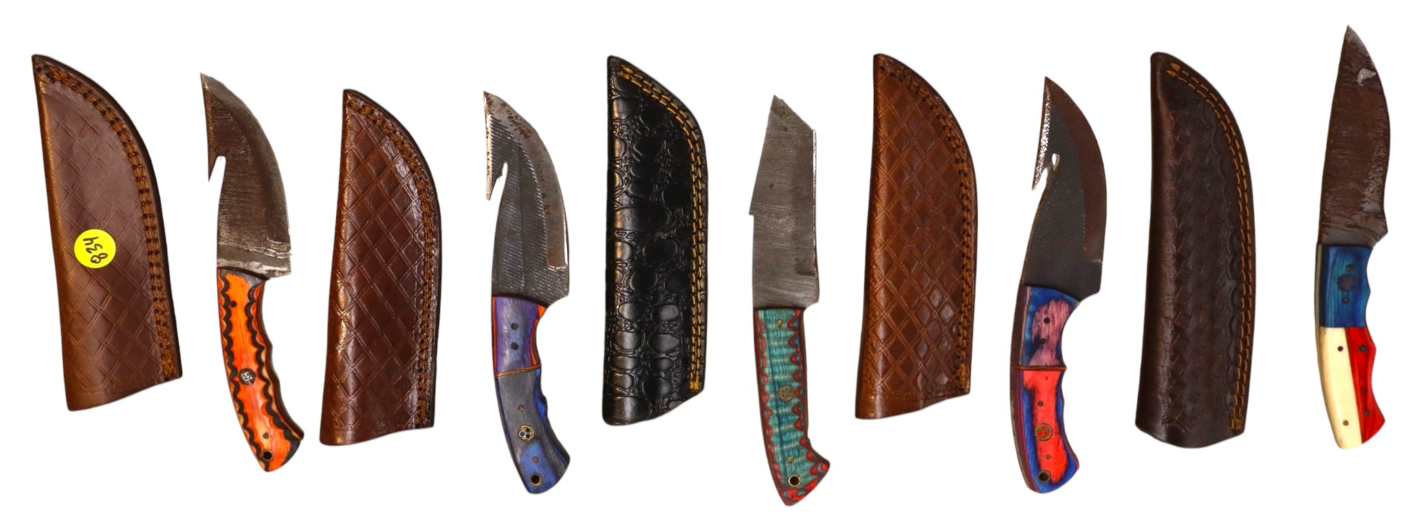 5 hand crafted damascus knives, sheaths w/belt loops