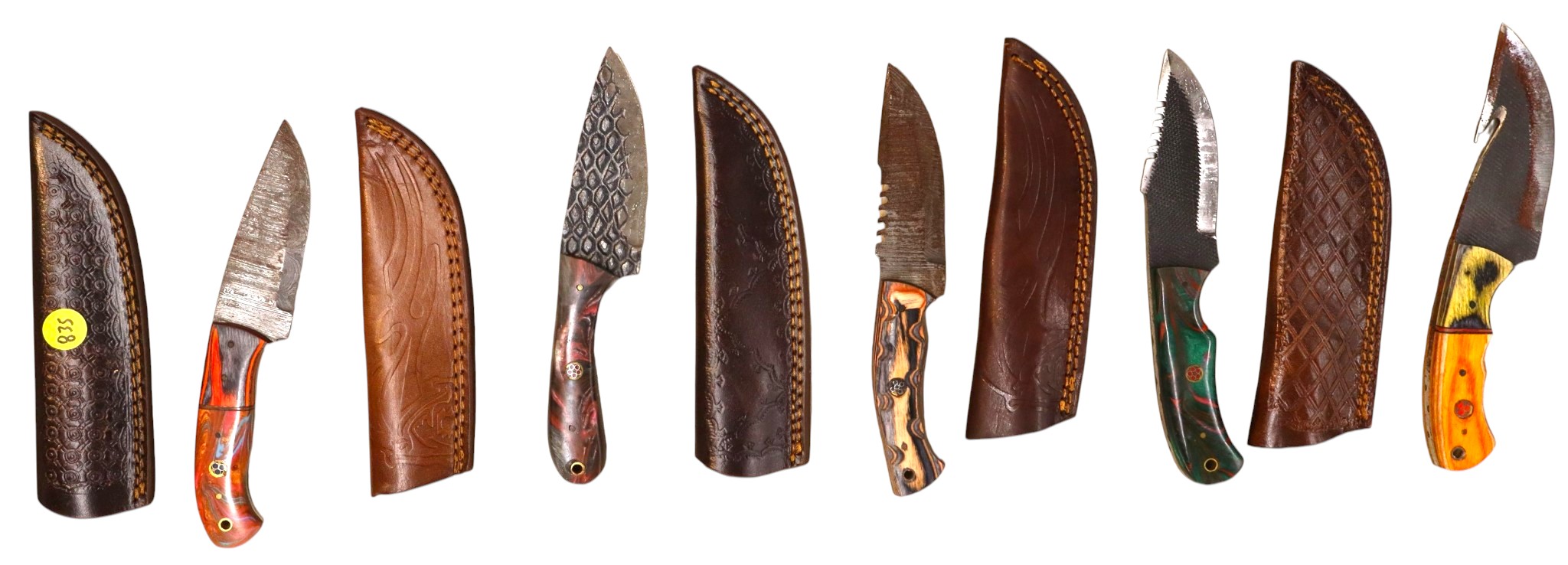 5 hand crafted damascus knives, sheaths w/belt loops