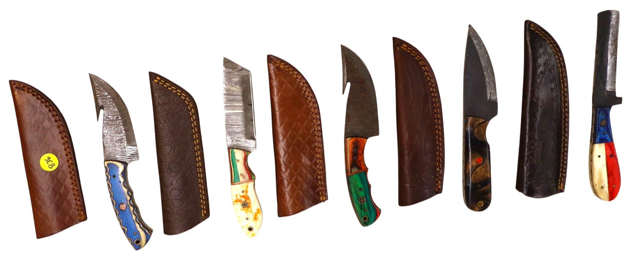 5 hand crafted damascus knives, sheaths w/belt loops