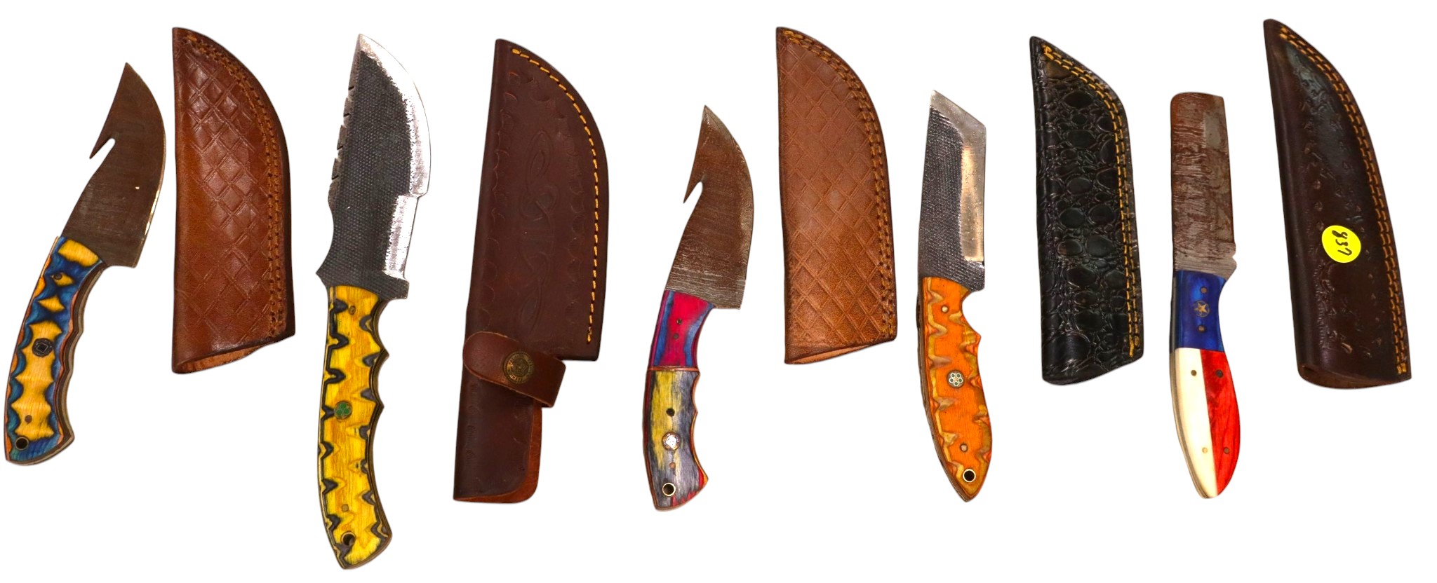 5 hand crafted damascus knives, sheaths w/belt loops