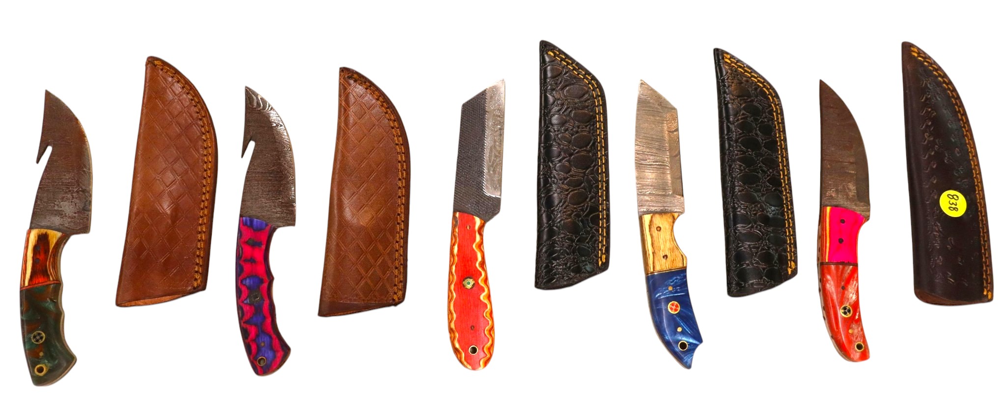 5 hand crafted damascus knives, sheaths w/belt loops