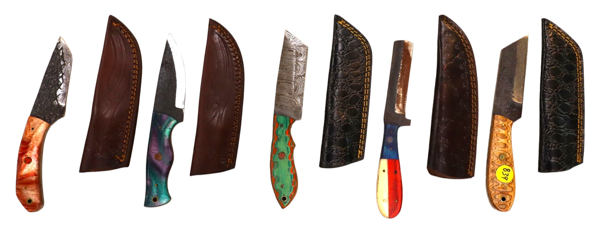 5 hand crafted damascus knives, sheaths w/belt loops