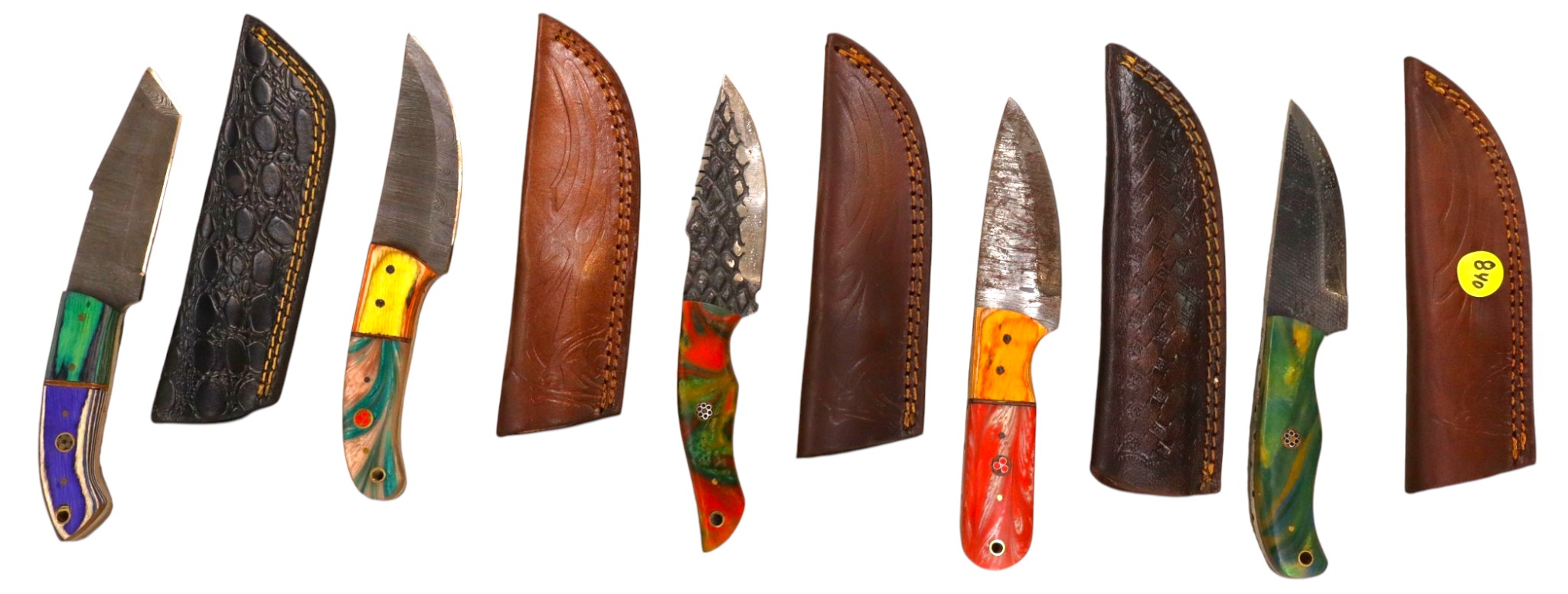 5 hand crafted damascus knives, sheaths w/belt loops