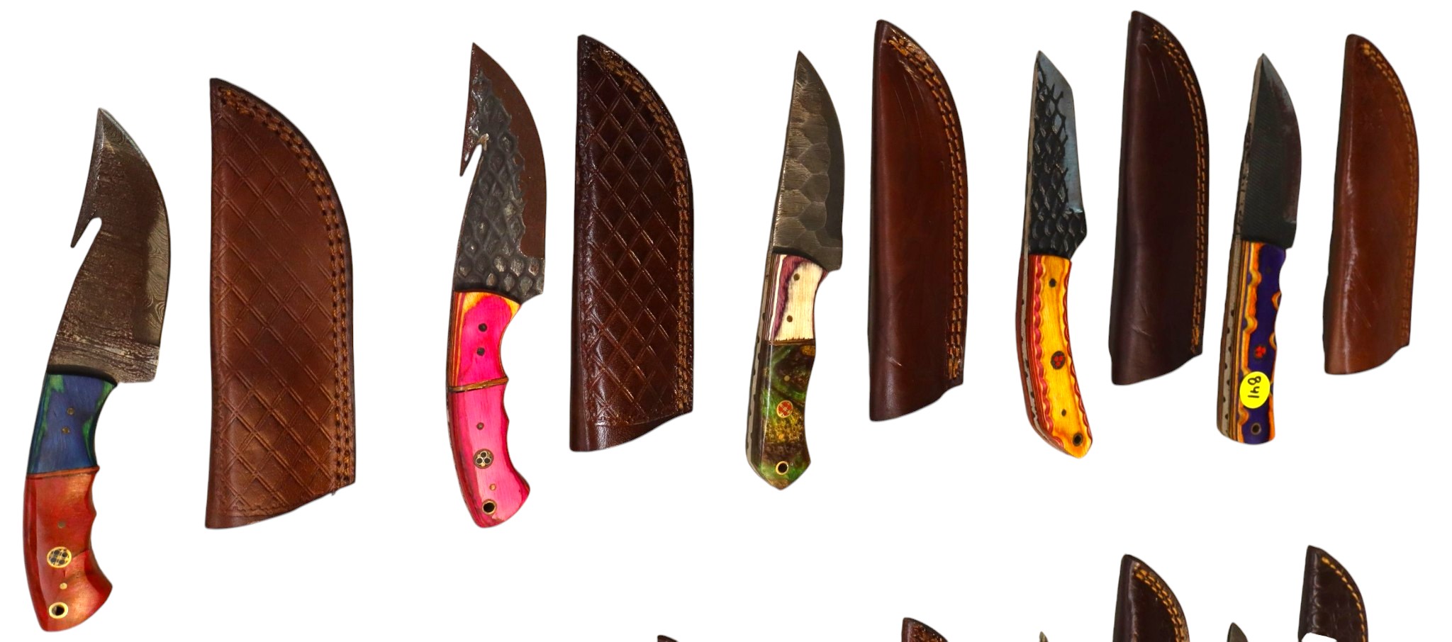 5 hand crafted damascus knives, sheaths w/belt loops