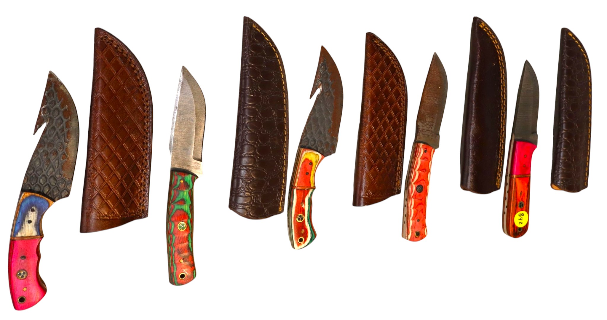 5 hand crafted damascus knives, sheaths w/belt loops