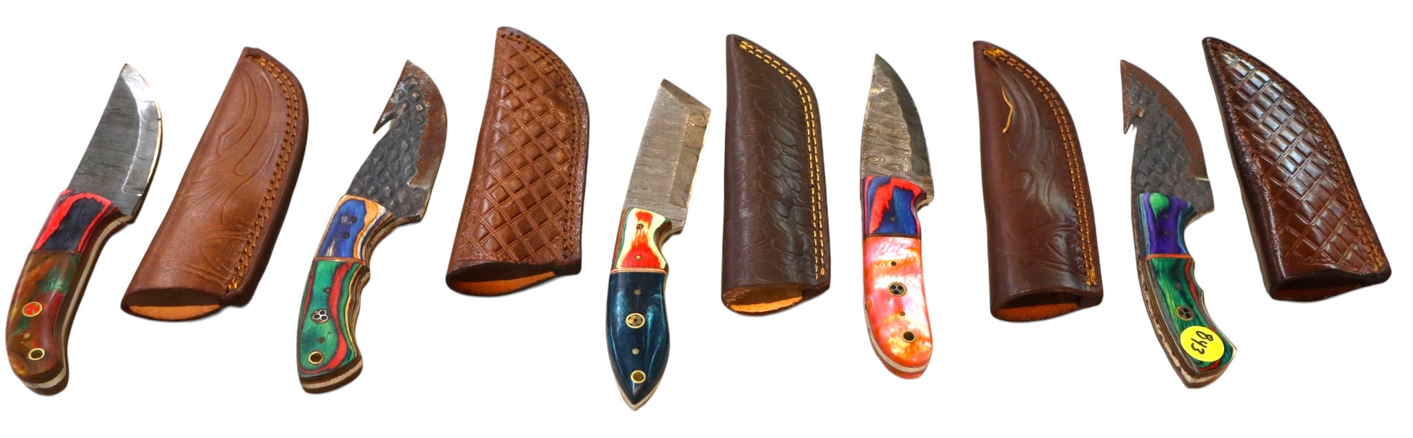 5 hand crafted damascus knives, sheaths w/belt loops
