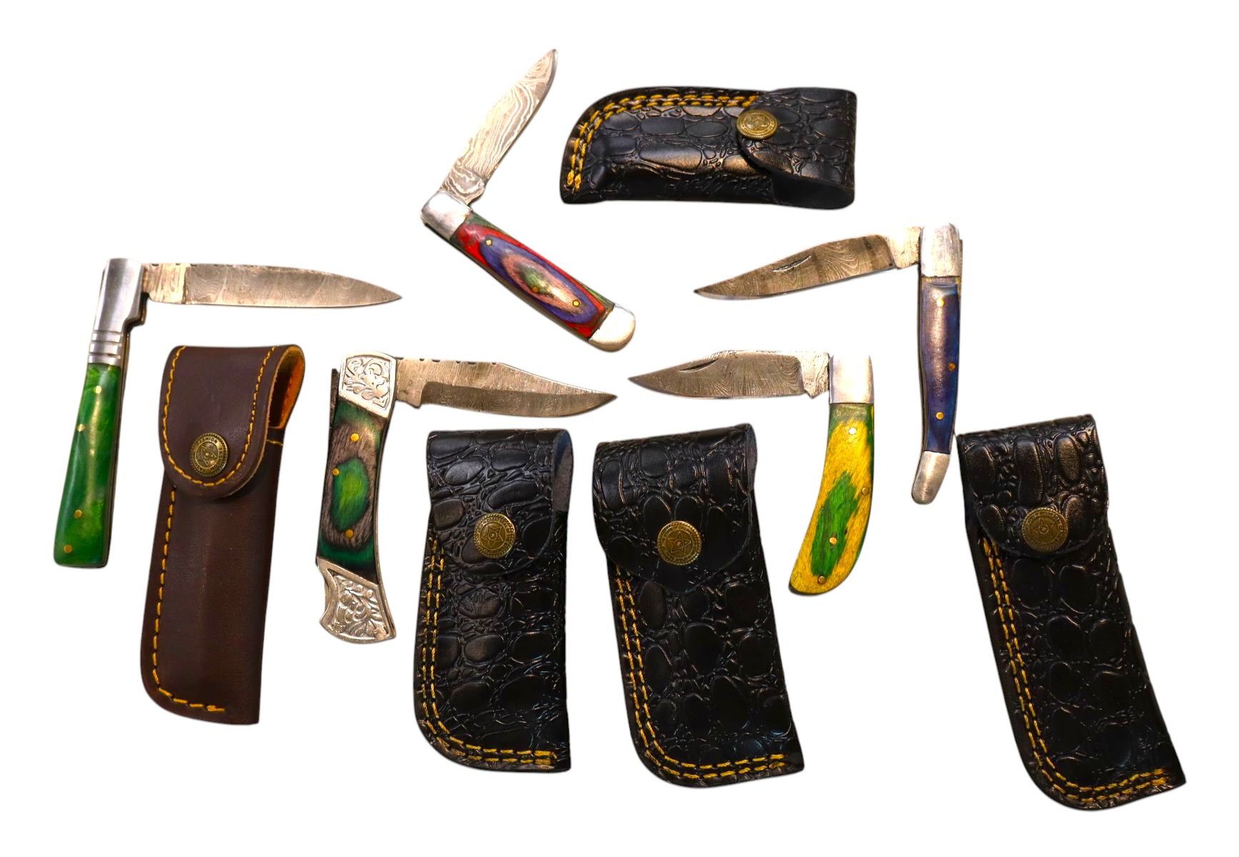 5 hand crafted damascus knives, sheaths w/belt loops