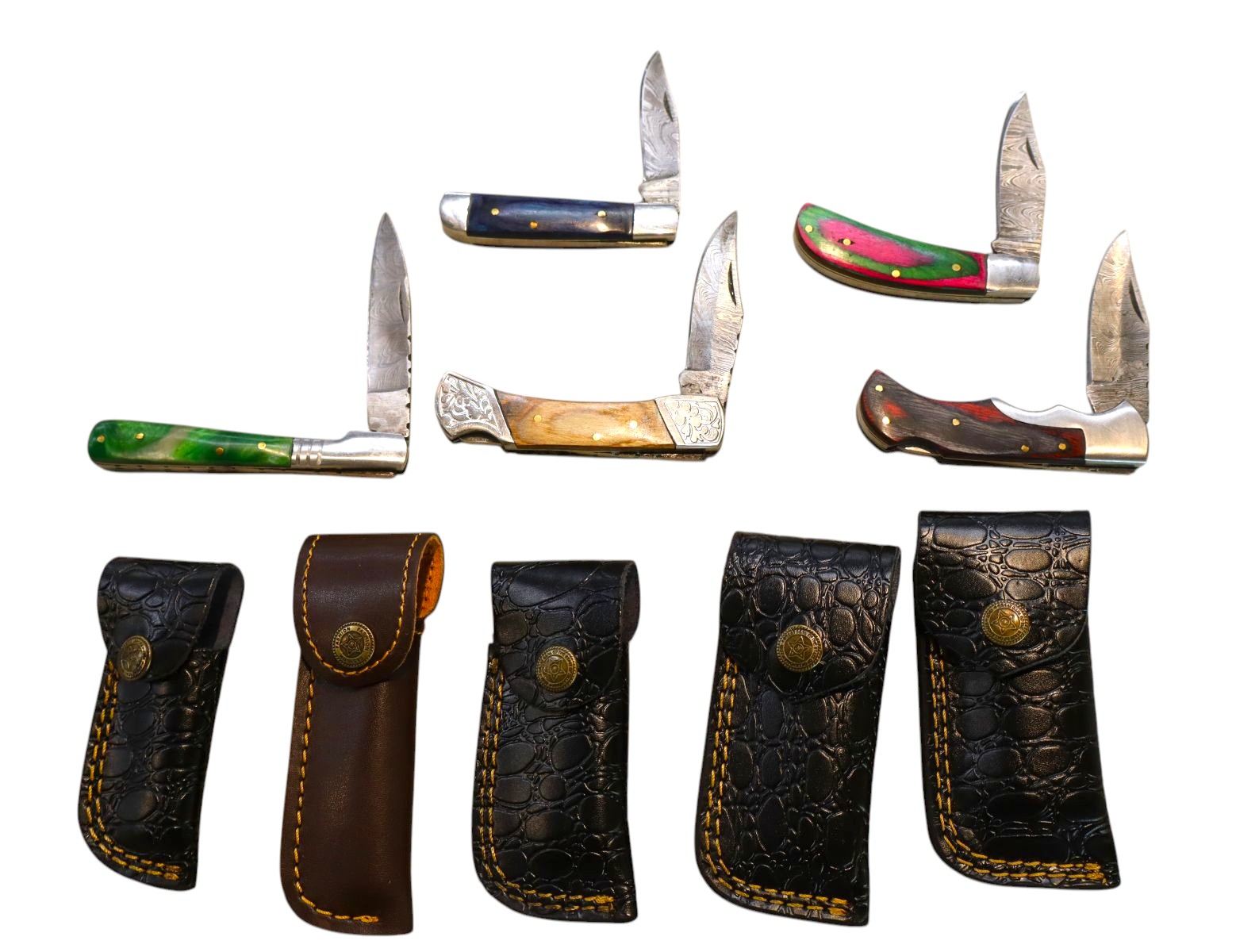 5 hand crafted damascus knives, sheaths w/belt loops