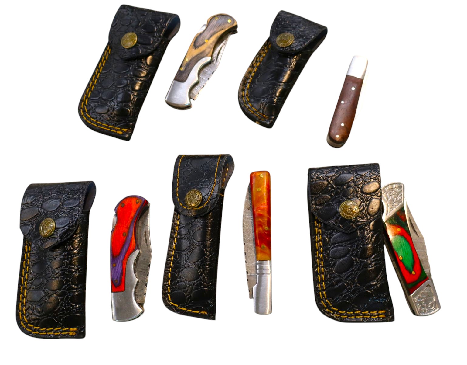 5 hand crafted damascus knives, sheaths w/belt loops