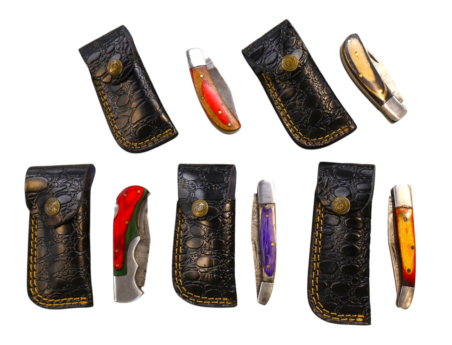 5 hand crafted damascus knives, sheaths w/belt loops