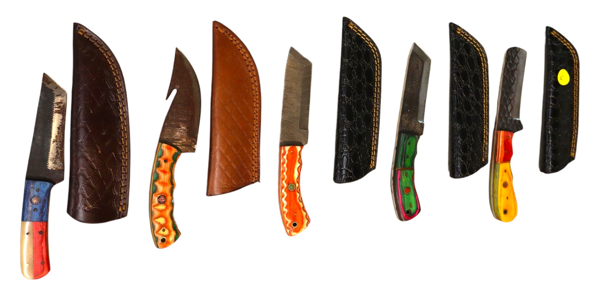 5 hand crafted damascus knives, sheaths w/belt loops
