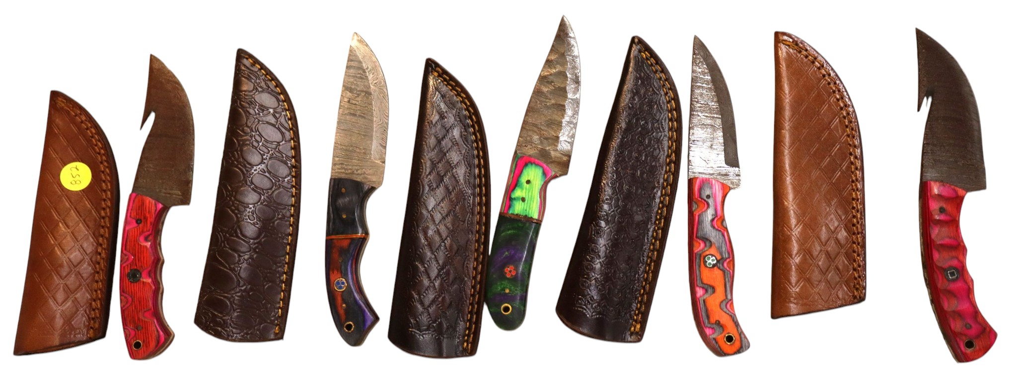 5 hand crafted damascus knives, sheaths w/belt loops