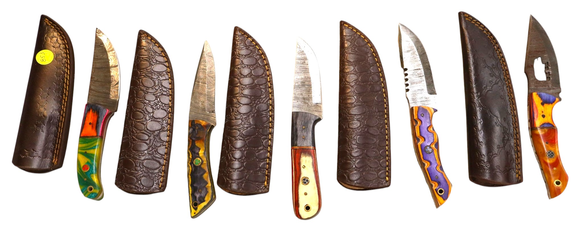 5 hand crafted damascus knives, sheaths w/belt loops