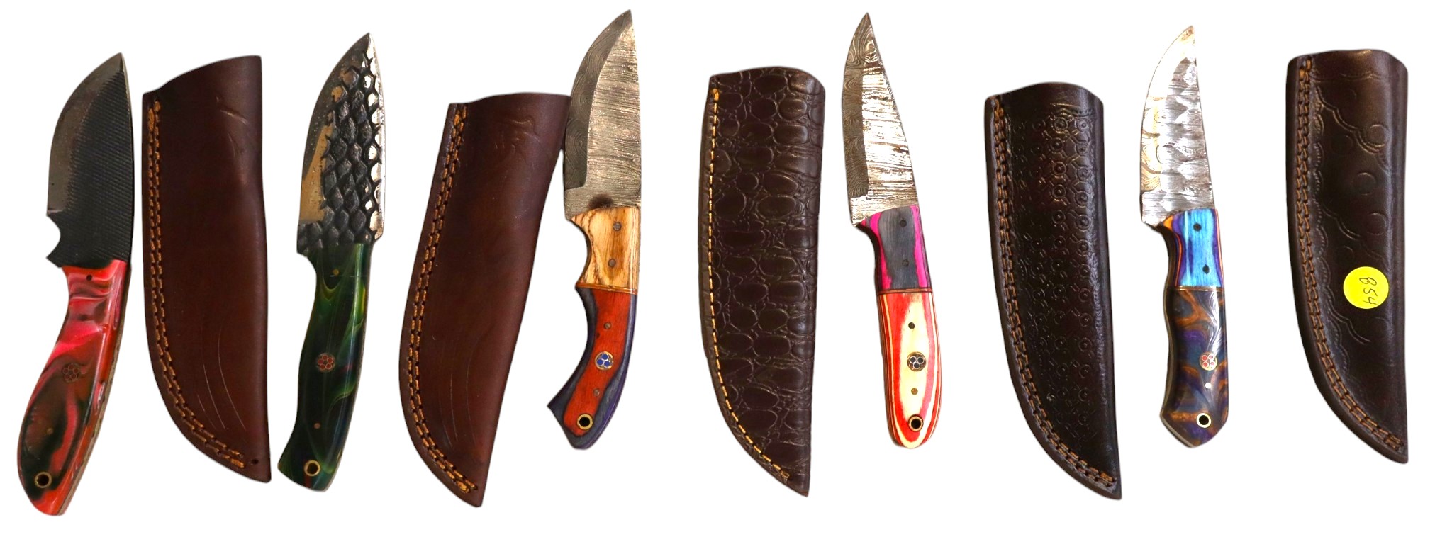 5 hand crafted damascus knives, sheaths w/belt loops