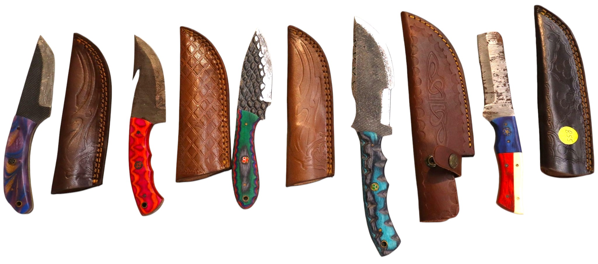 5 hand crafted damascus knives, sheaths w/belt loops