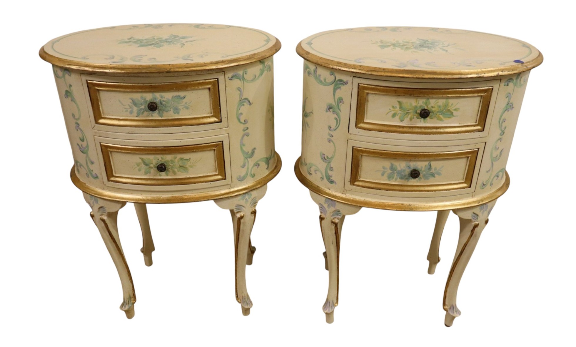 Pair VTG IT Florentia Paint Dec Oval 2-Drw Stands