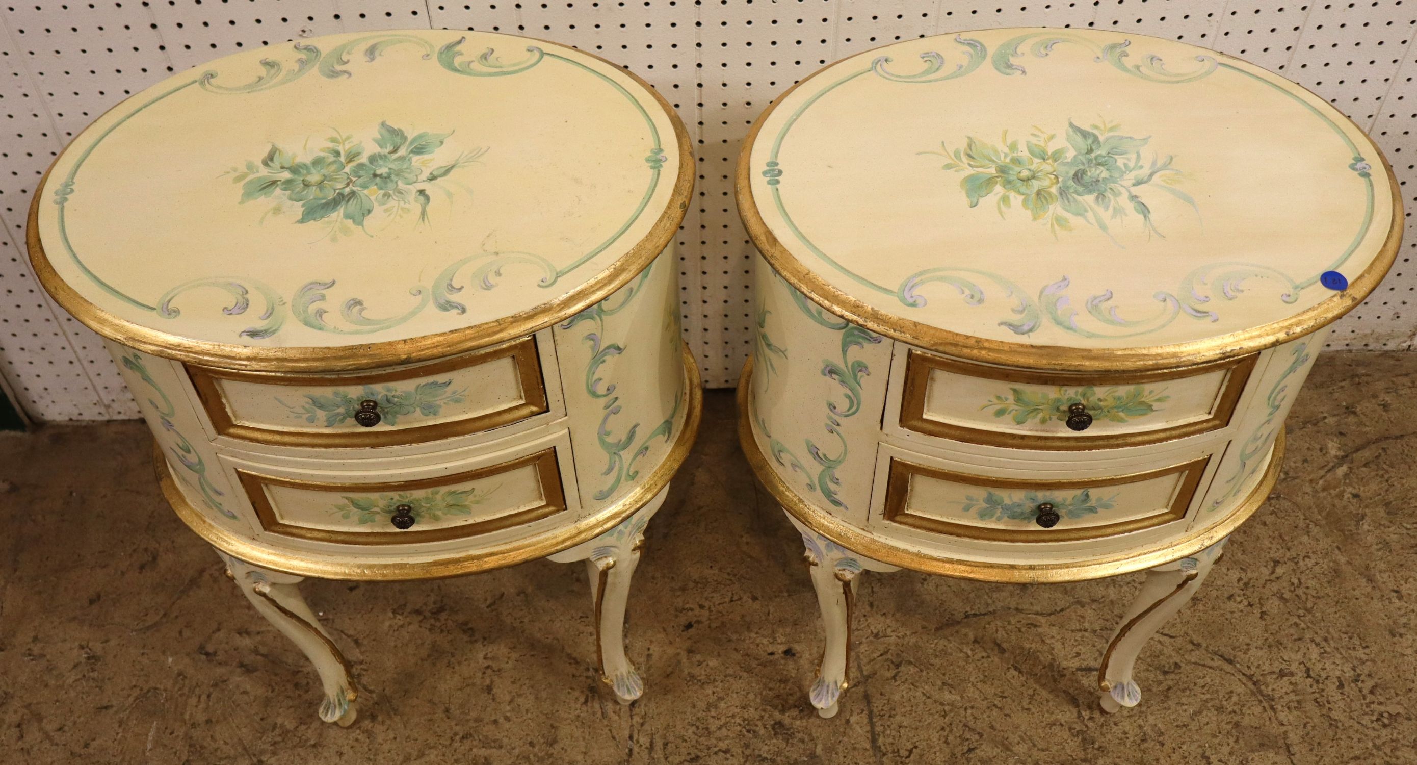 Pair VTG IT Florentia Paint Dec Oval 2-Drw Stands