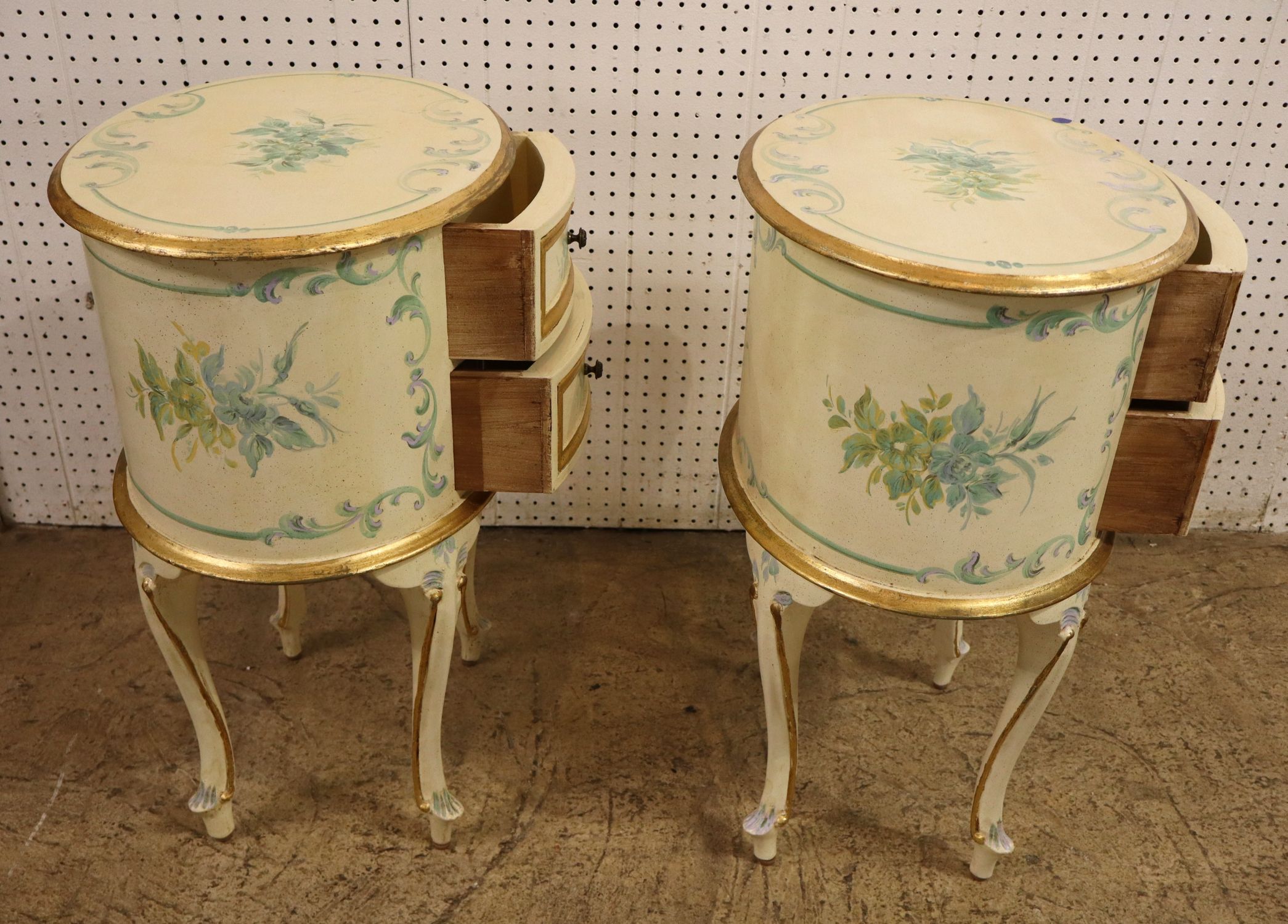 Pair VTG IT Florentia Paint Dec Oval 2-Drw Stands