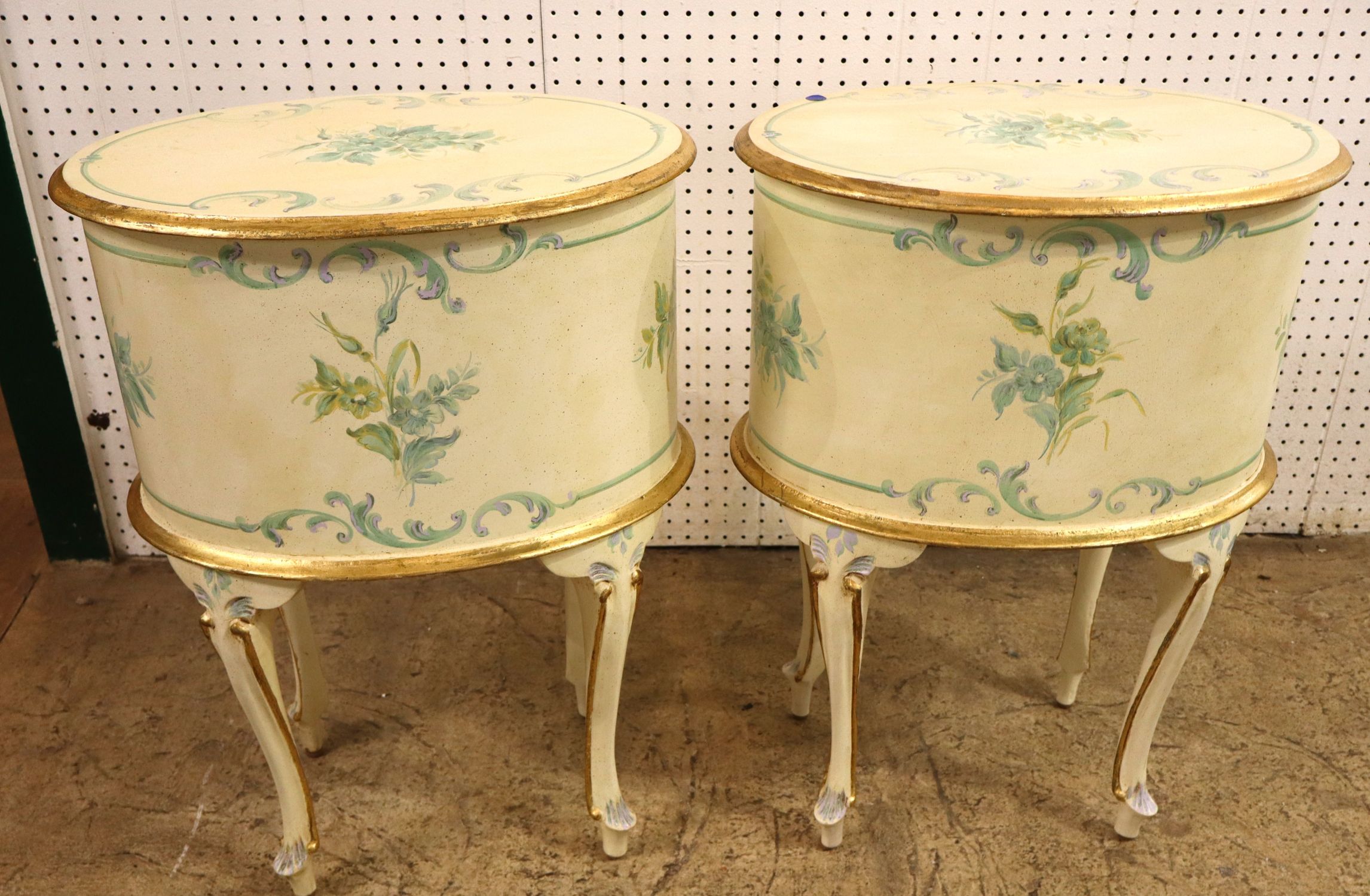 Pair VTG IT Florentia Paint Dec Oval 2-Drw Stands