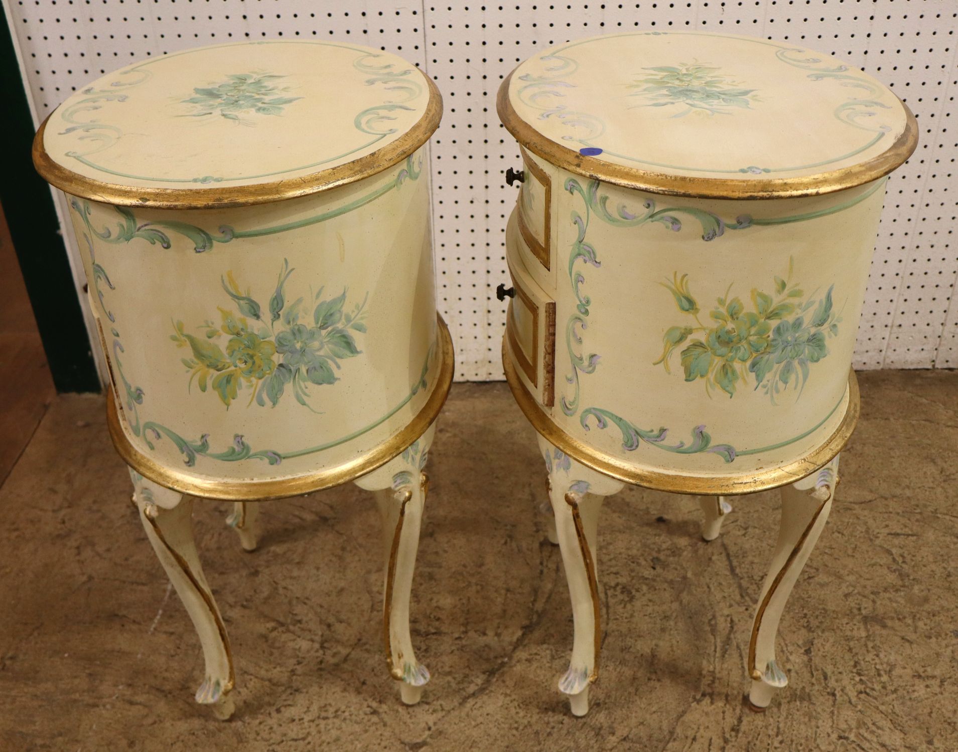 Pair VTG IT Florentia Paint Dec Oval 2-Drw Stands