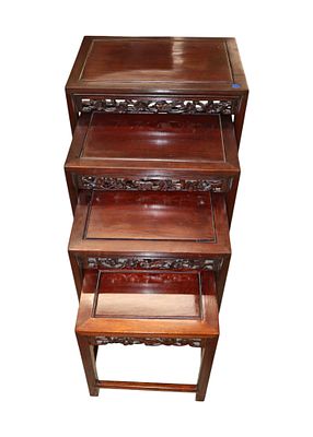 VTG Asian Carved Birds Flower Nesting Tables Set 4. Nice Asian hardwood birds and flower carved 