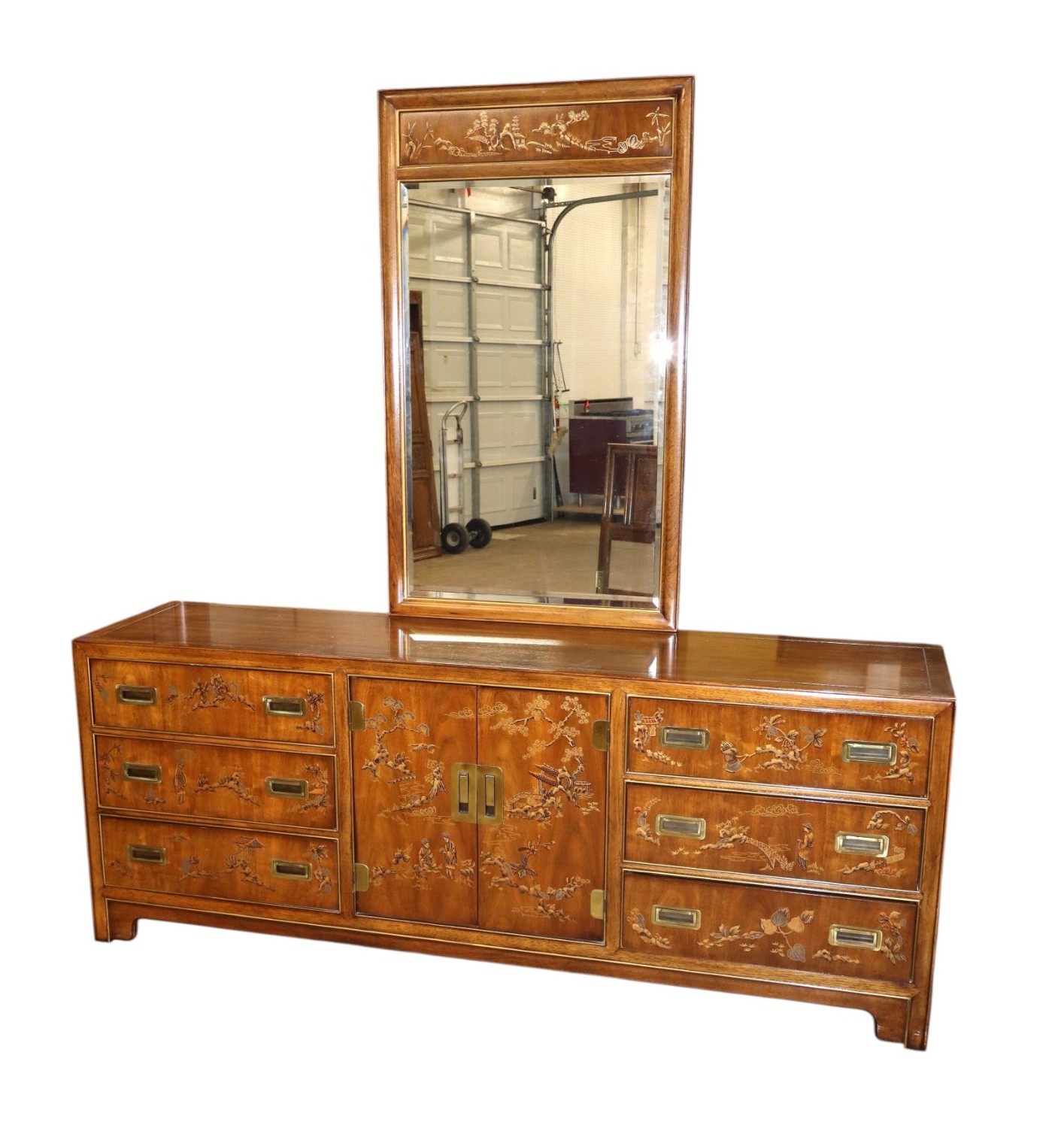 VTG Drexel Hrtg Dynasty Walnut Low Chest w/Mirror