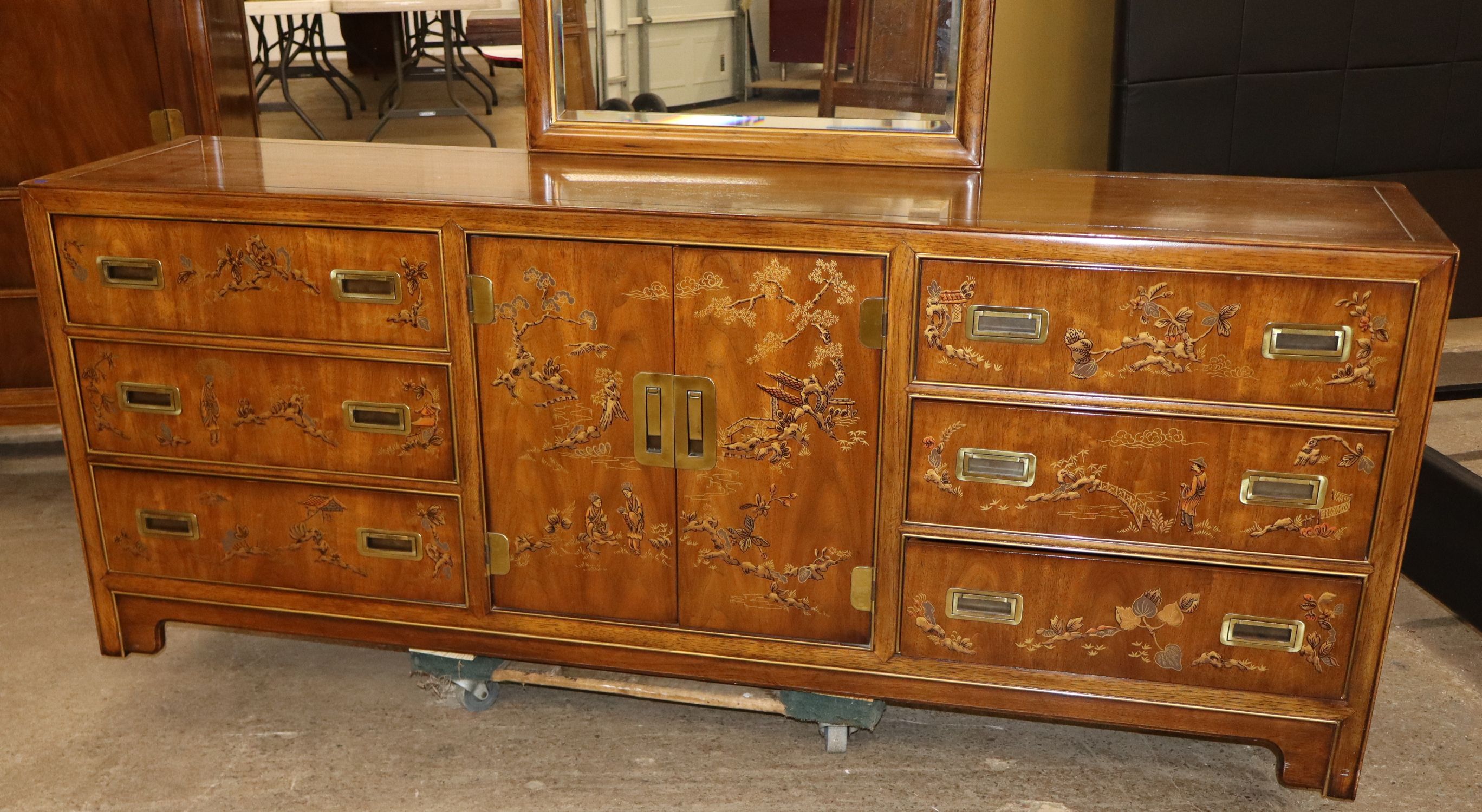 VTG Drexel Hrtg Dynasty Walnut Low Chest w/Mirror