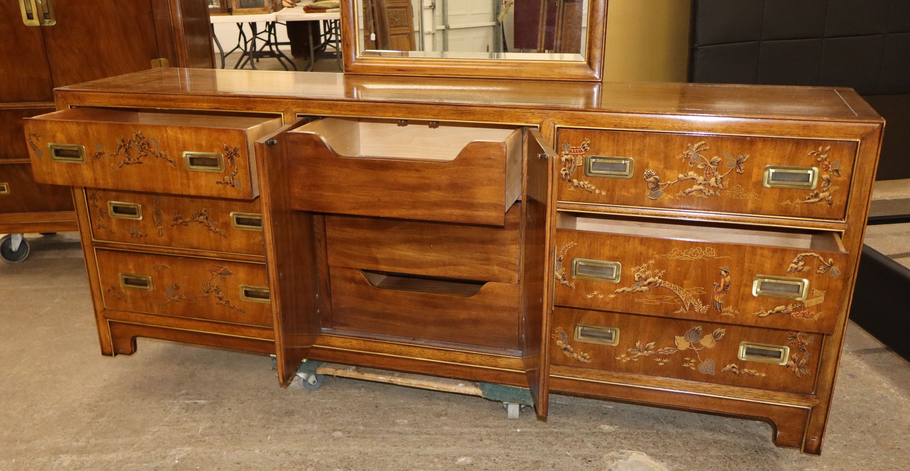 VTG Drexel Hrtg Dynasty Walnut Low Chest w/Mirror