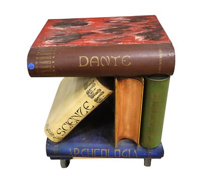 Vtg IT Metal Faux Book Stack Lift Top Storage Table. Vintage faux book lift top storage table in 
