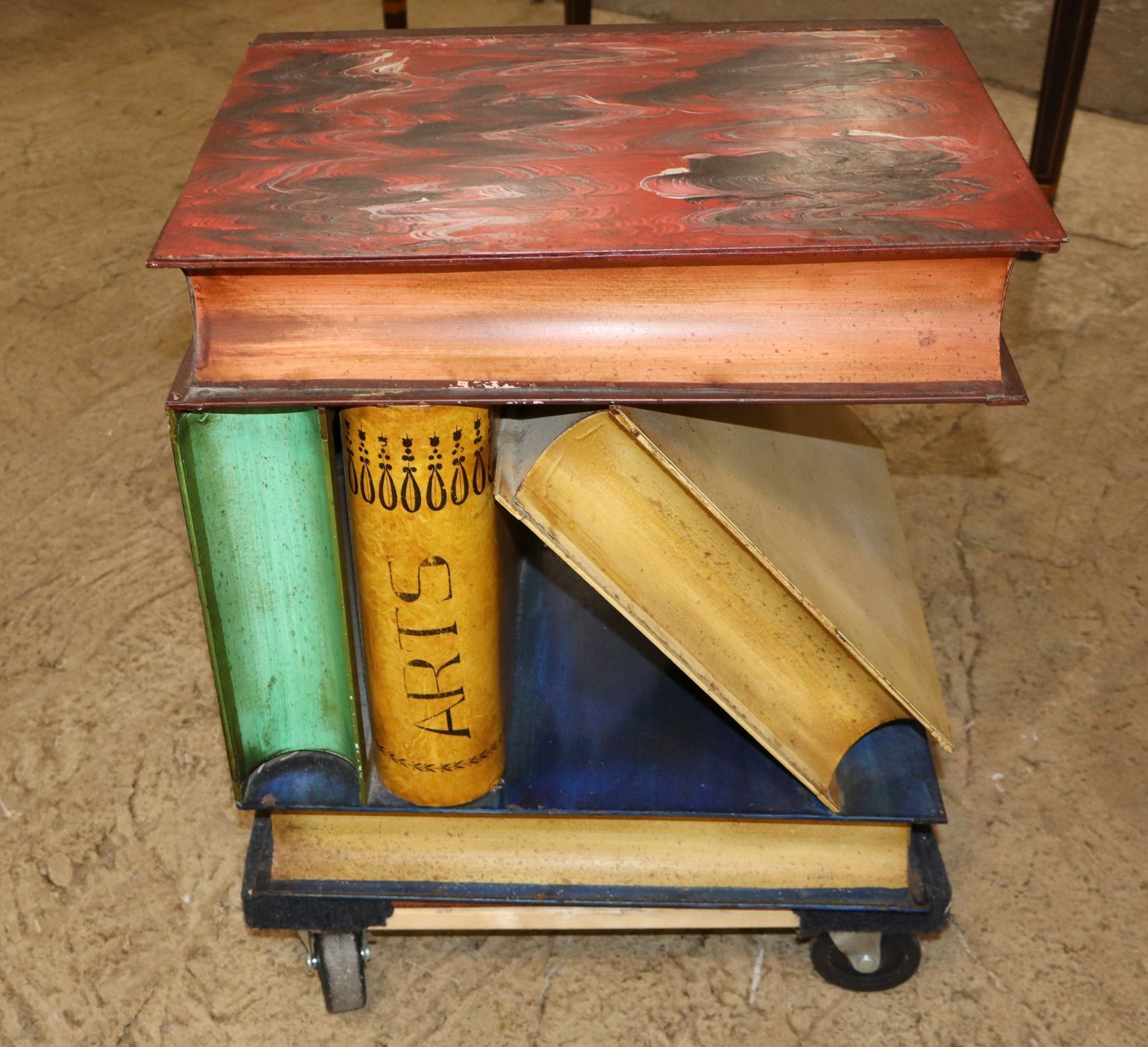 Vtg IT Metal Faux Book Stack Lift Top Storage Table