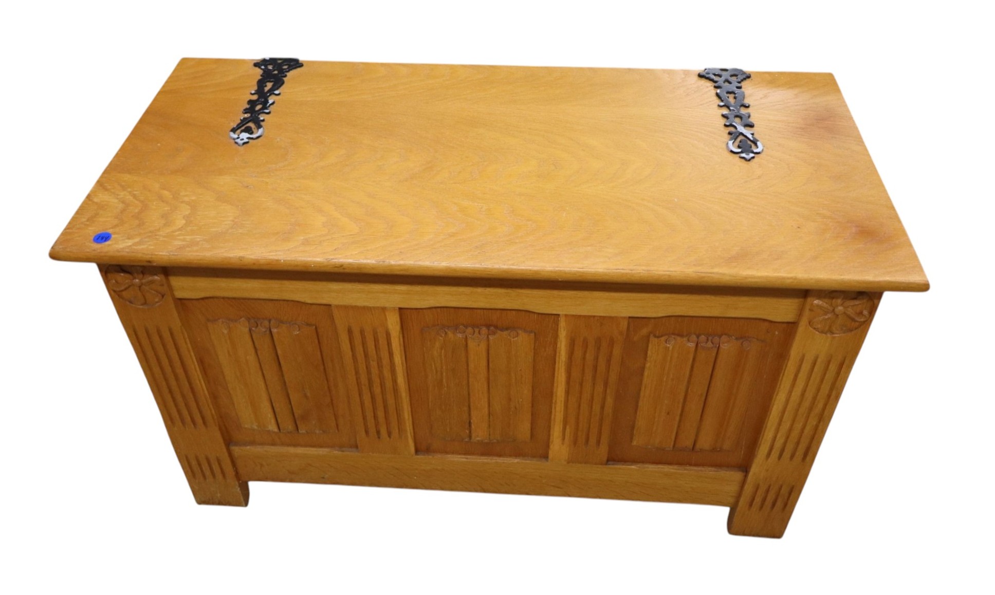 Oak panel front metal strap storage box, orig finish