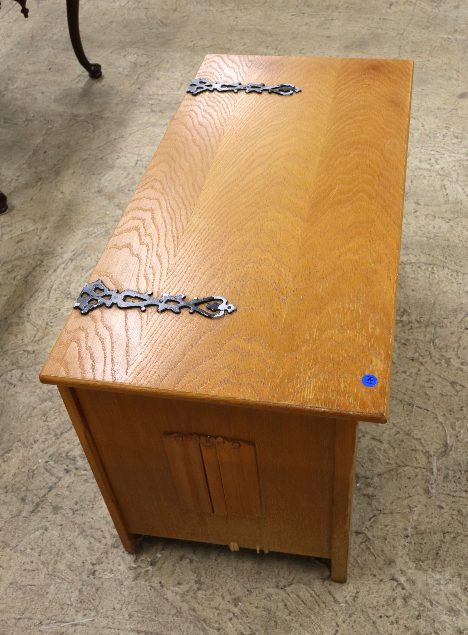 Oak panel front metal strap storage box, orig finish