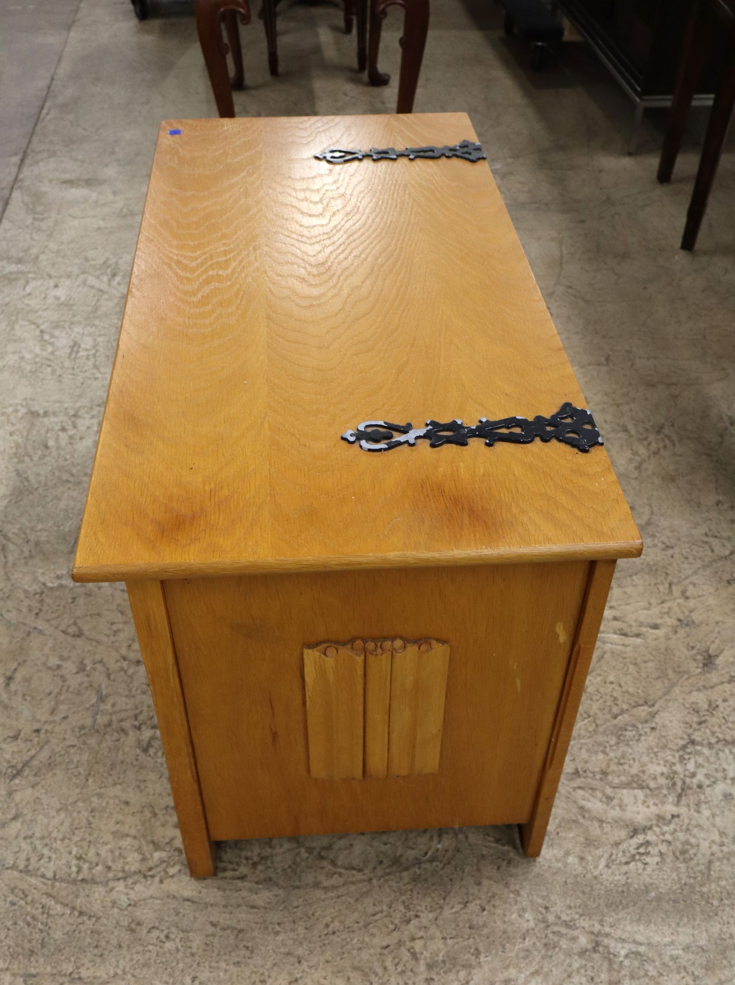 Oak panel front metal strap storage box, orig finish