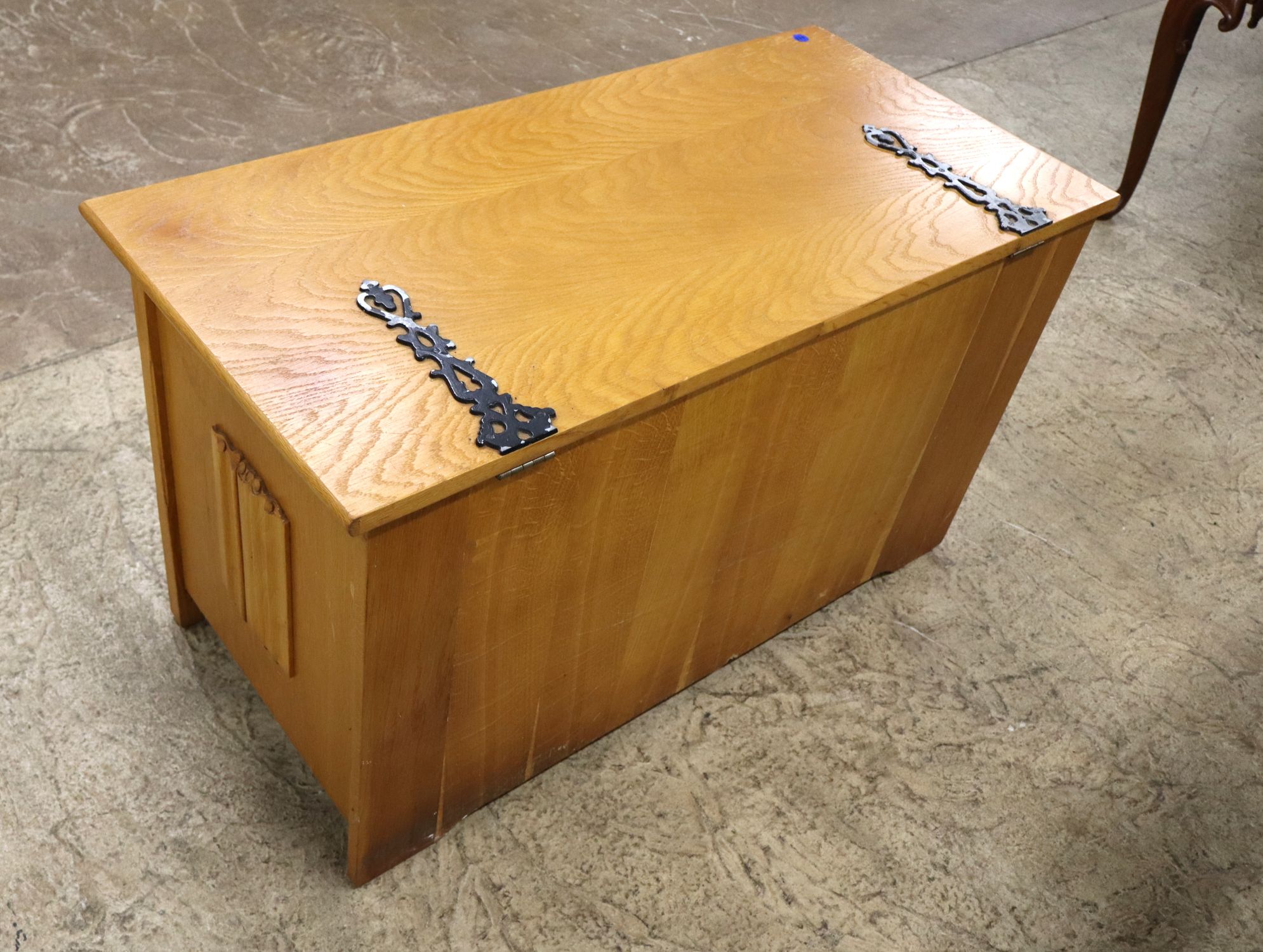 Oak panel front metal strap storage box, orig finish