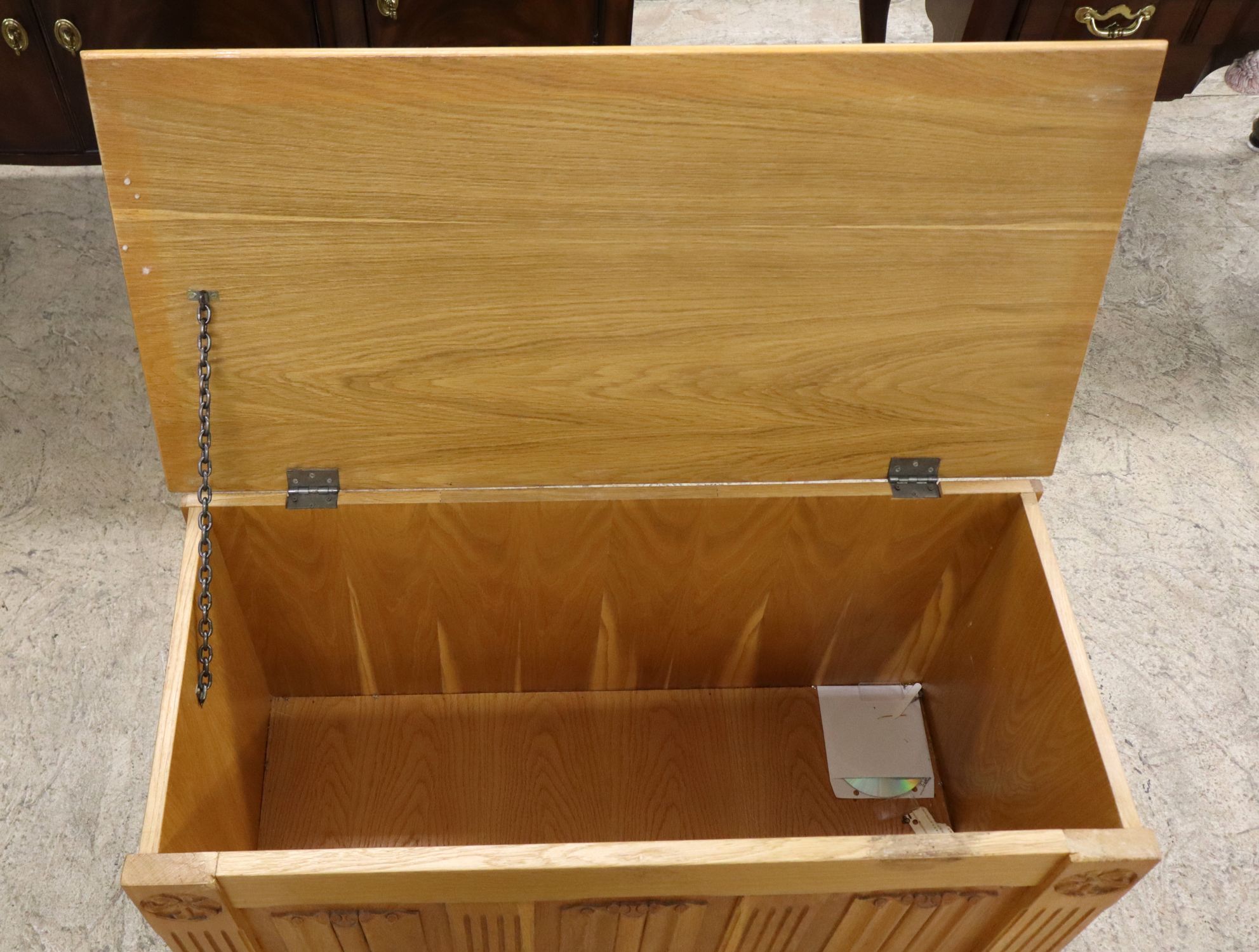 Oak panel front metal strap storage box, orig finish