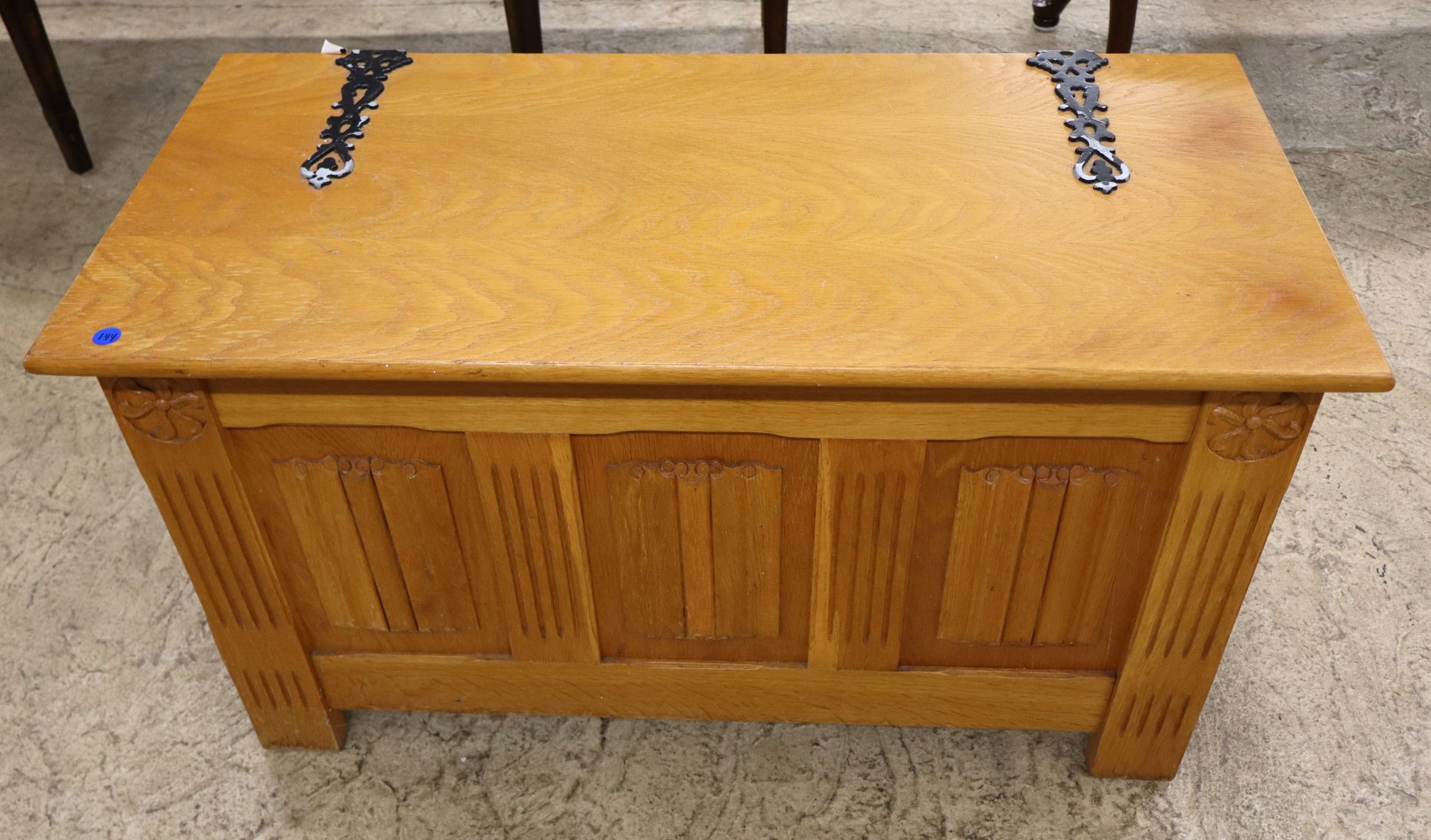 Oak panel front metal strap storage box, orig finish