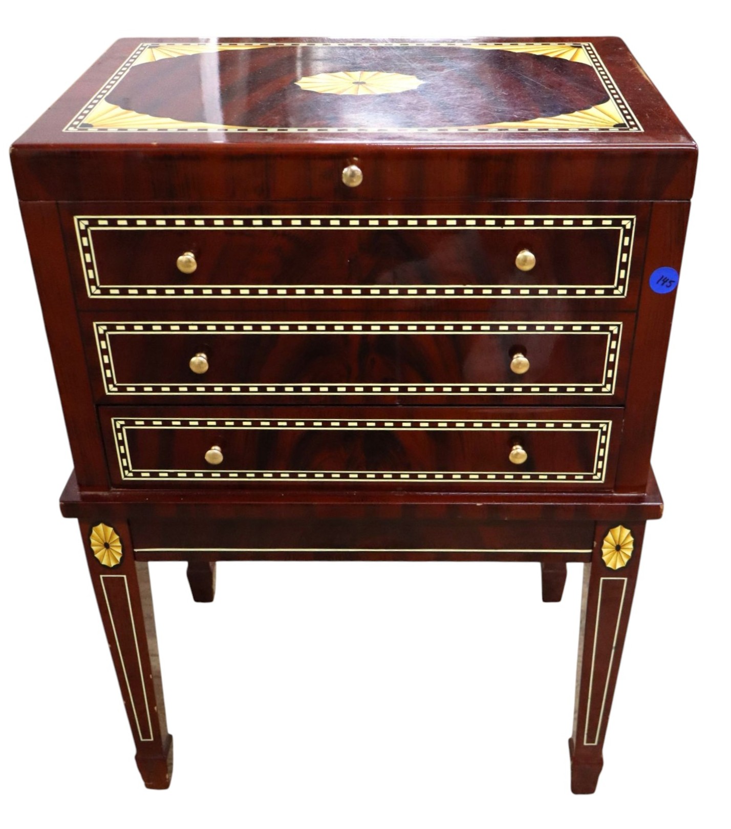 IT Burl Mahog Inlay 1-Dr Lift Top Humidor Orig Fin