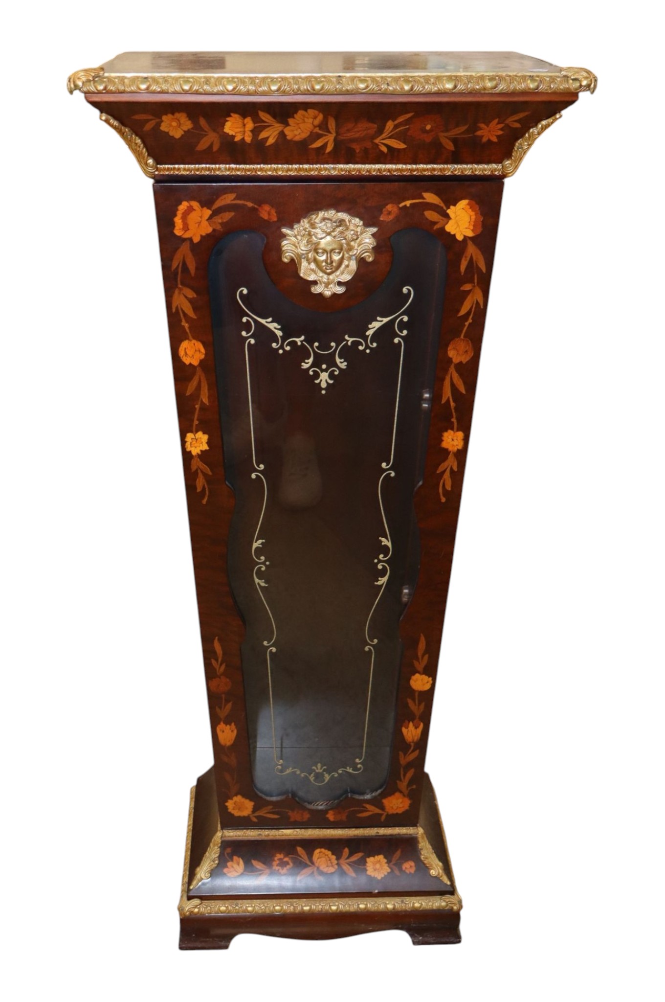 FR Burl Walnut Floral Inlaid Curio Pedestal Bronze
