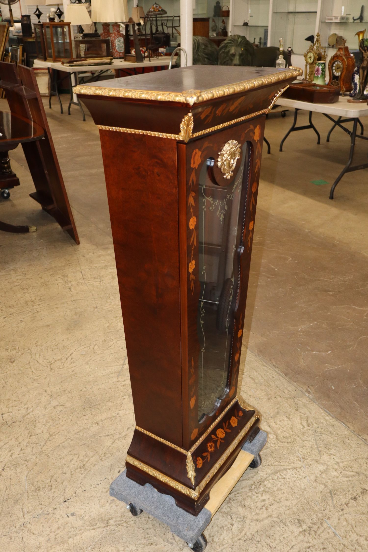 FR Burl Walnut Floral Inlaid Curio Pedestal Bronze