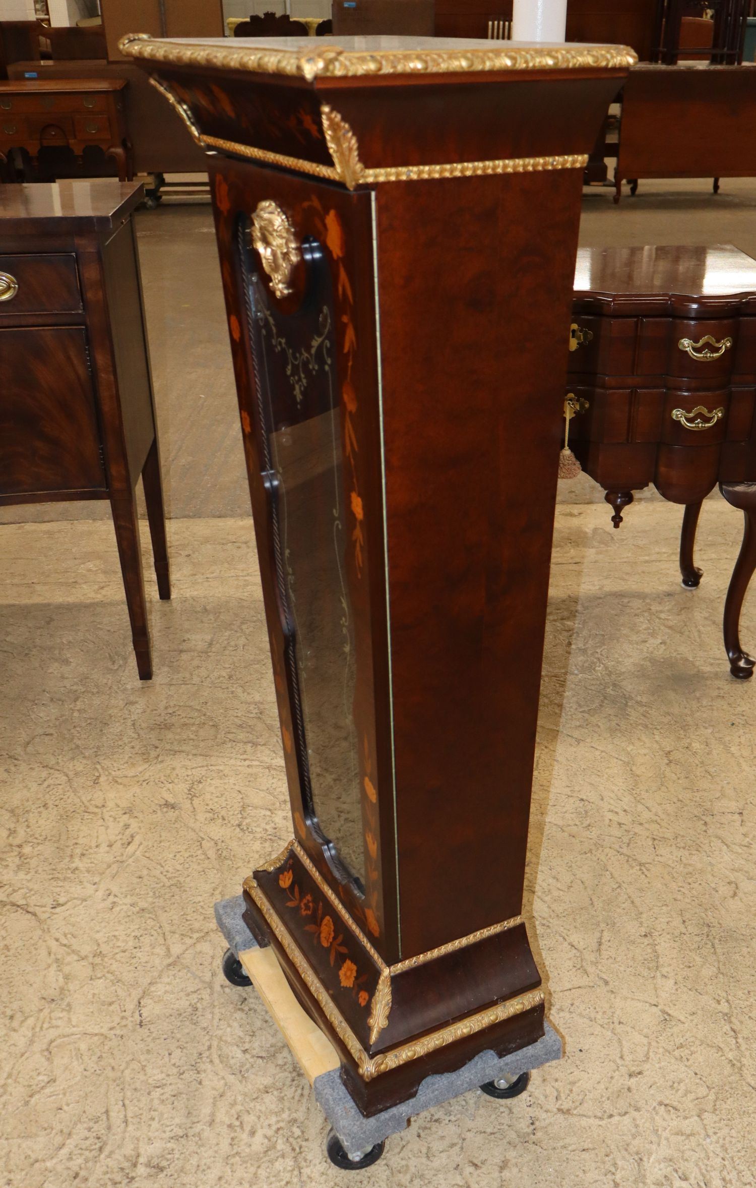 FR Burl Walnut Floral Inlaid Curio Pedestal Bronze