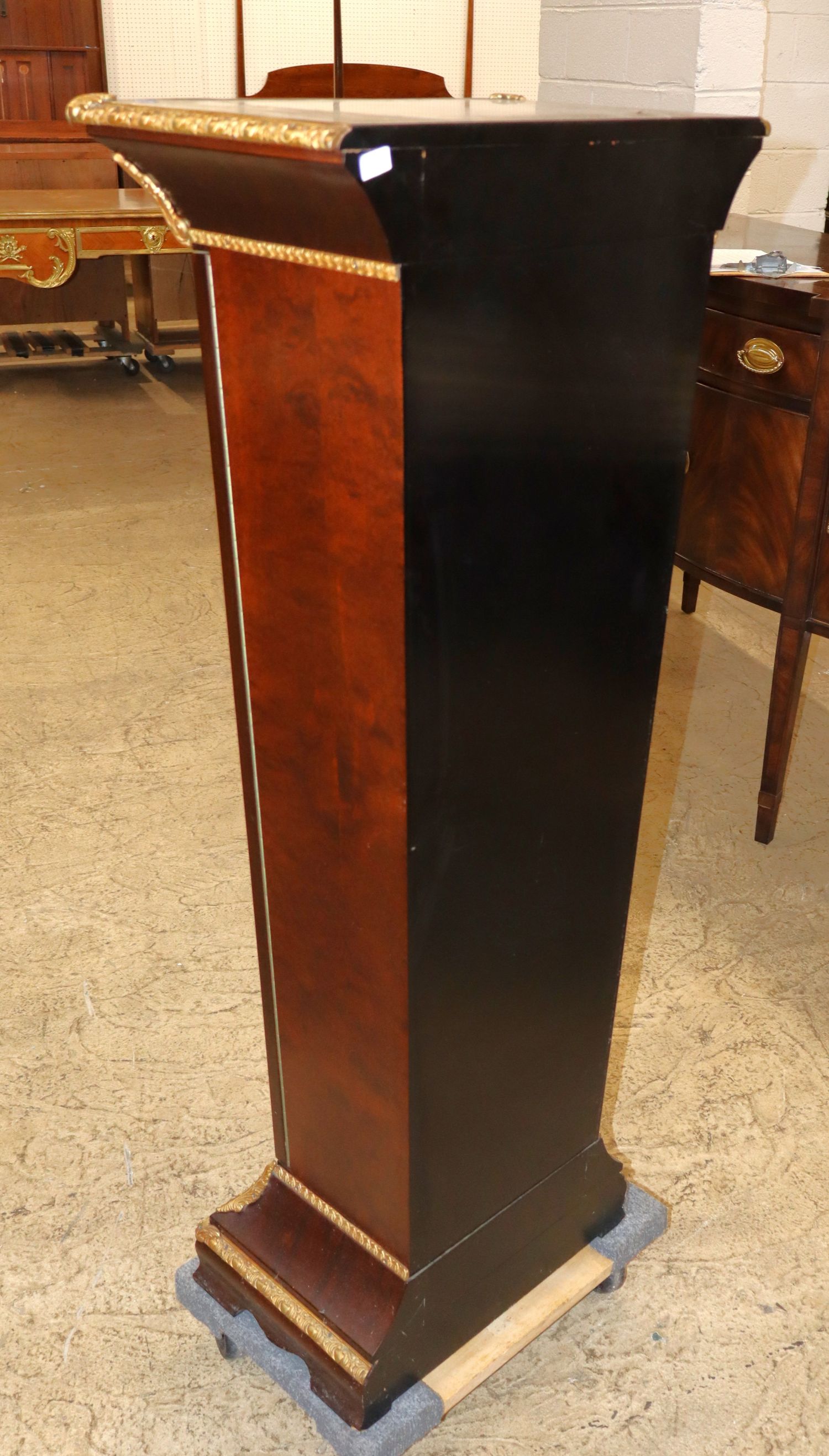 FR Burl Walnut Floral Inlaid Curio Pedestal Bronze