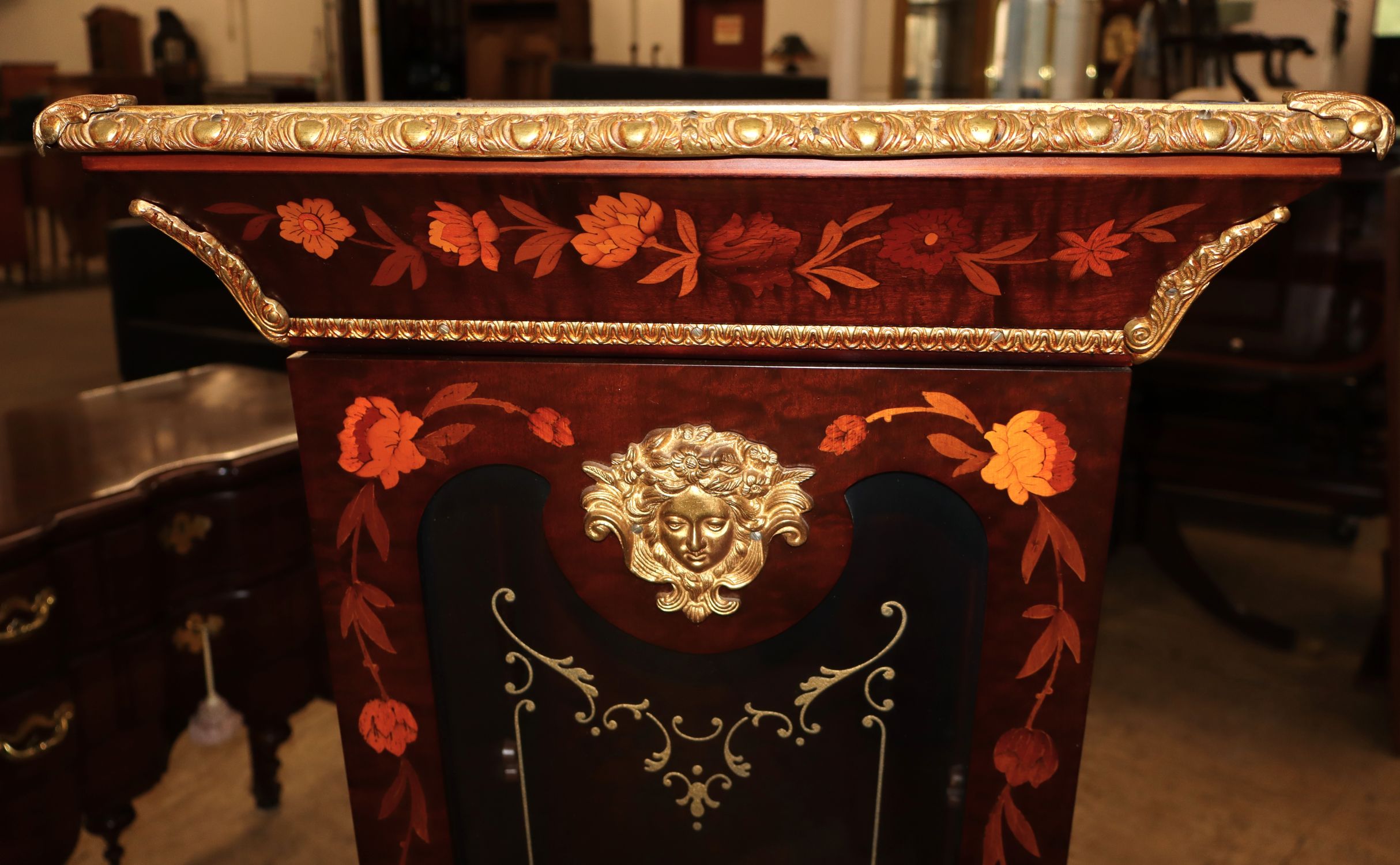 FR Burl Walnut Floral Inlaid Curio Pedestal Bronze
