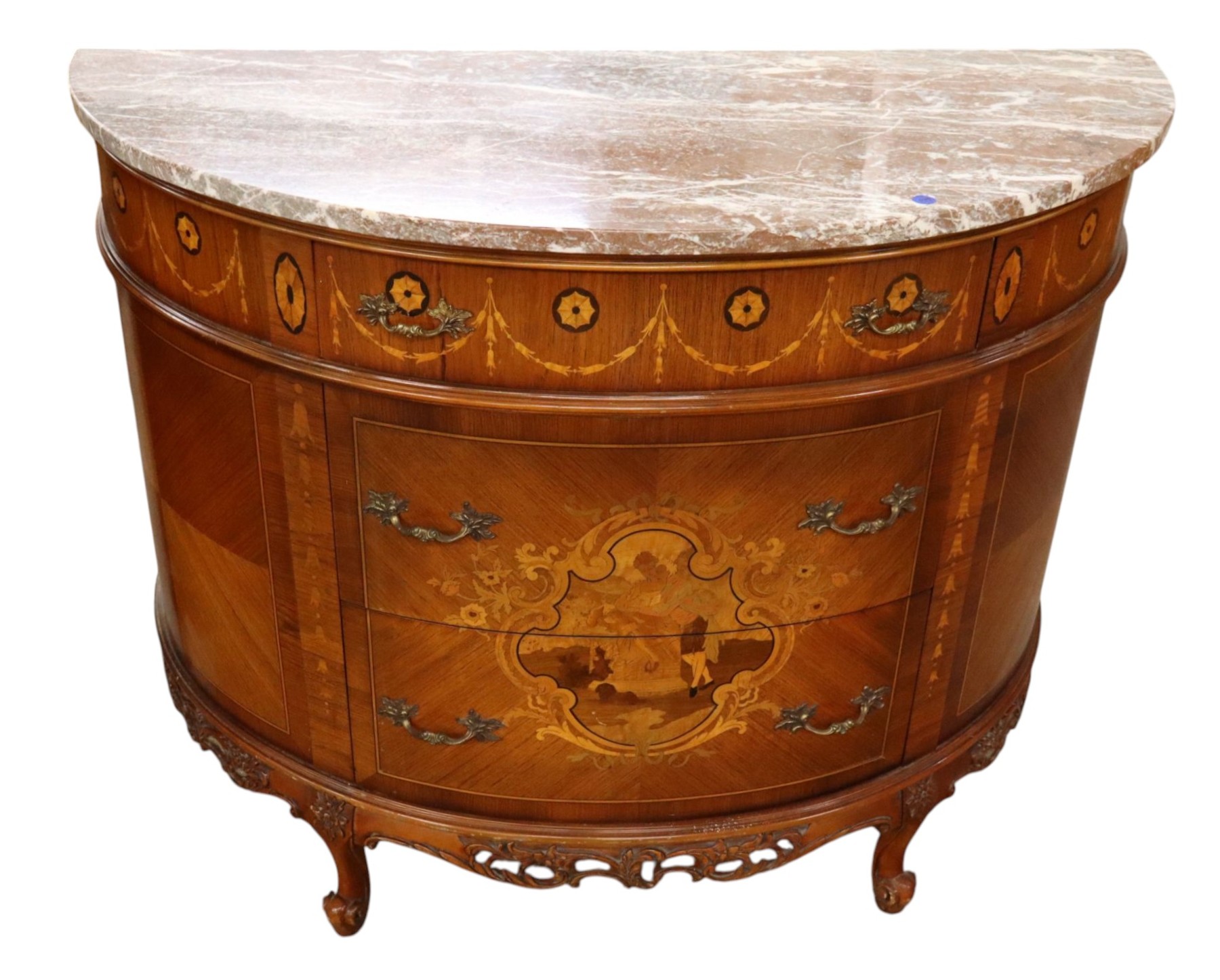 Antq FR Demilune MT Inlaid 3-Dr Commode match 150