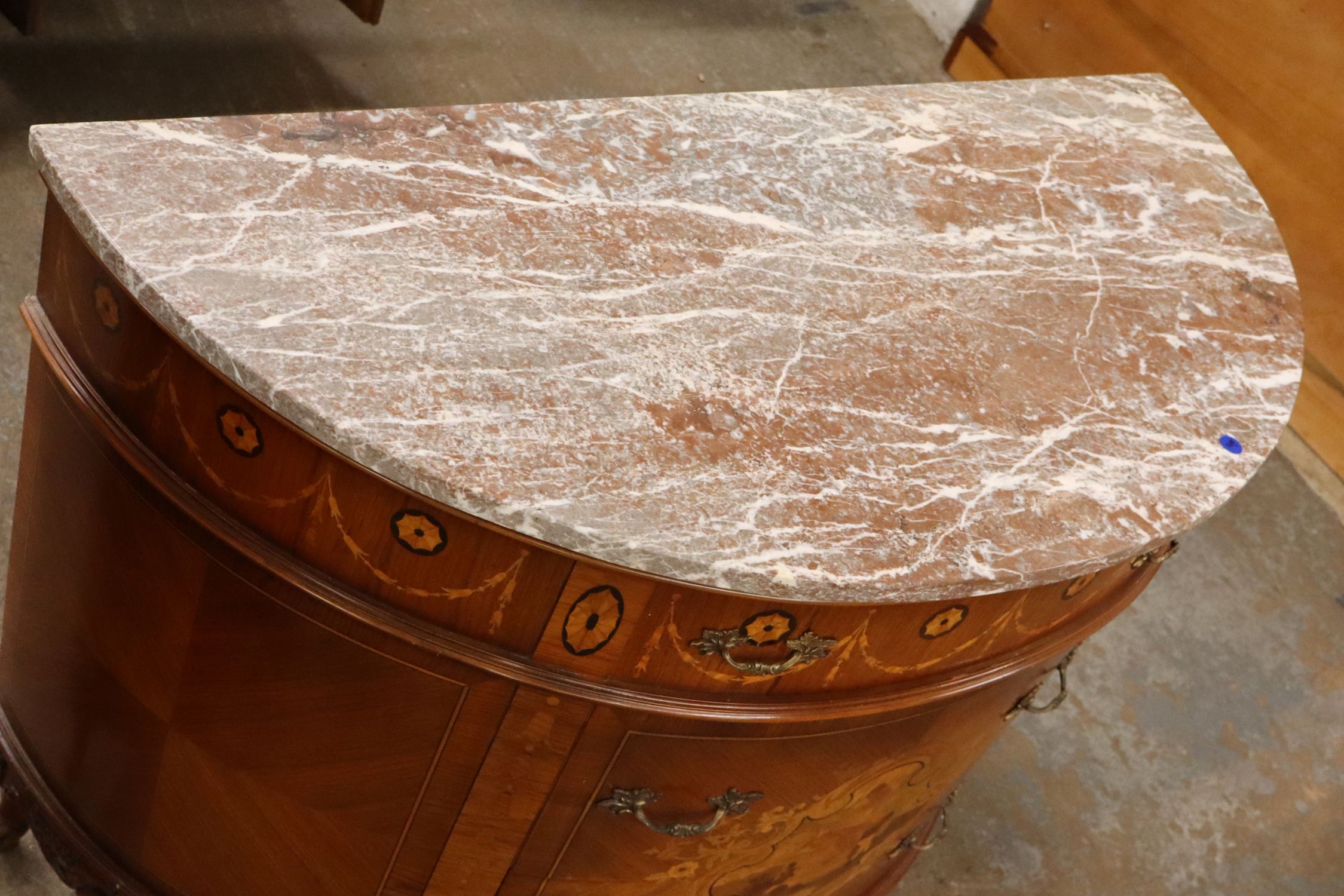 Antq FR Demilune MT Inlaid 3-Dr Commode match 150