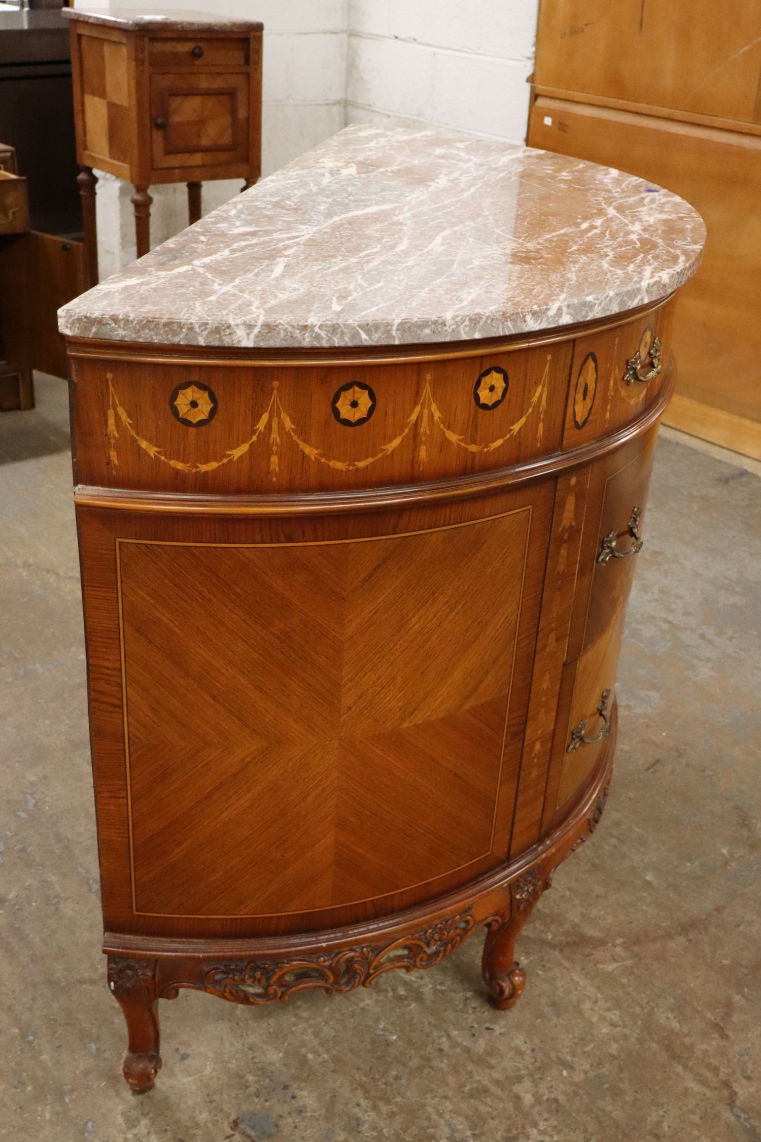 Antq FR Demilune MT Inlaid 3-Dr Commode match 150