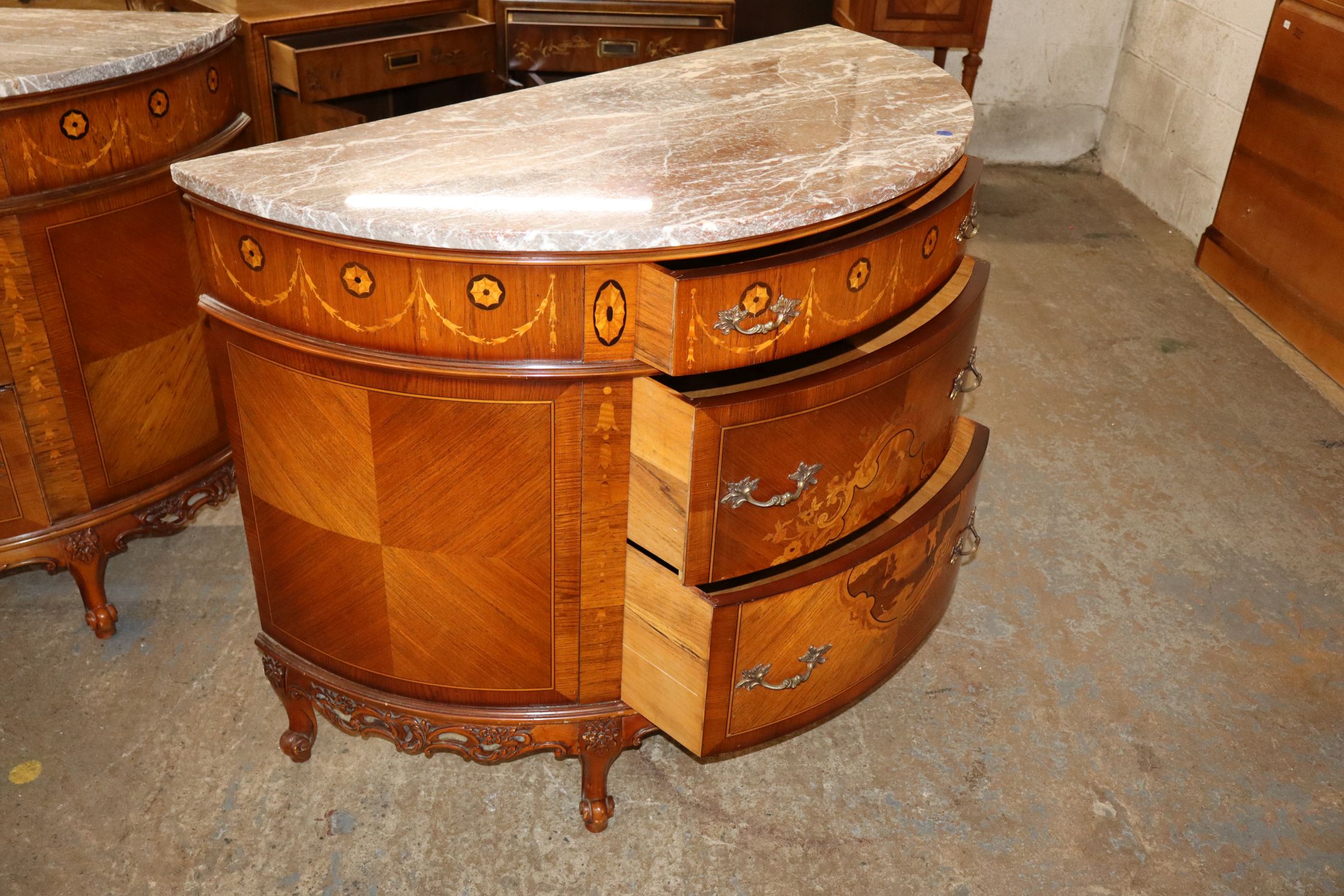 Antq FR Demilune MT Inlaid 3-Dr Commode match 150