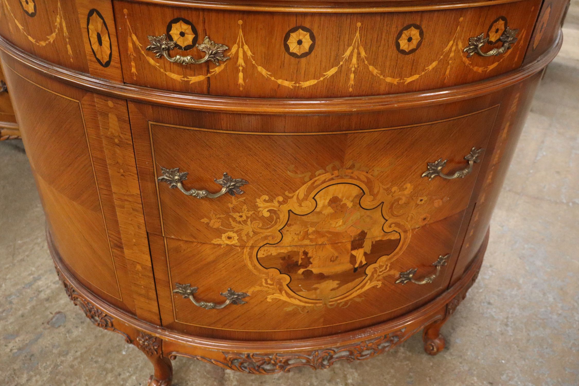 Antq FR Demilune MT Inlaid 3-Dr Commode match 150