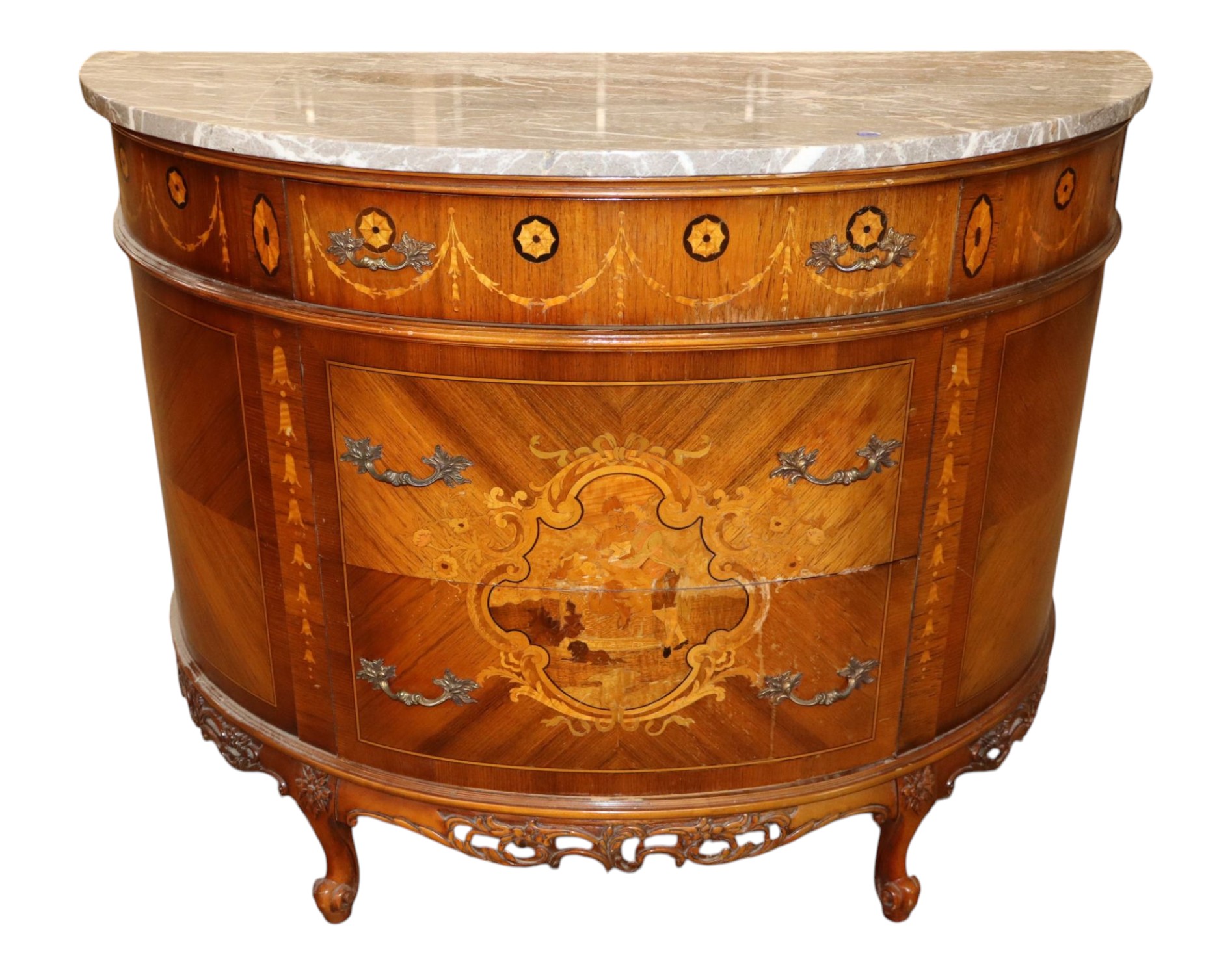 Antq FR Demilune MT Inlaid Satinwood 3-Dr Commode