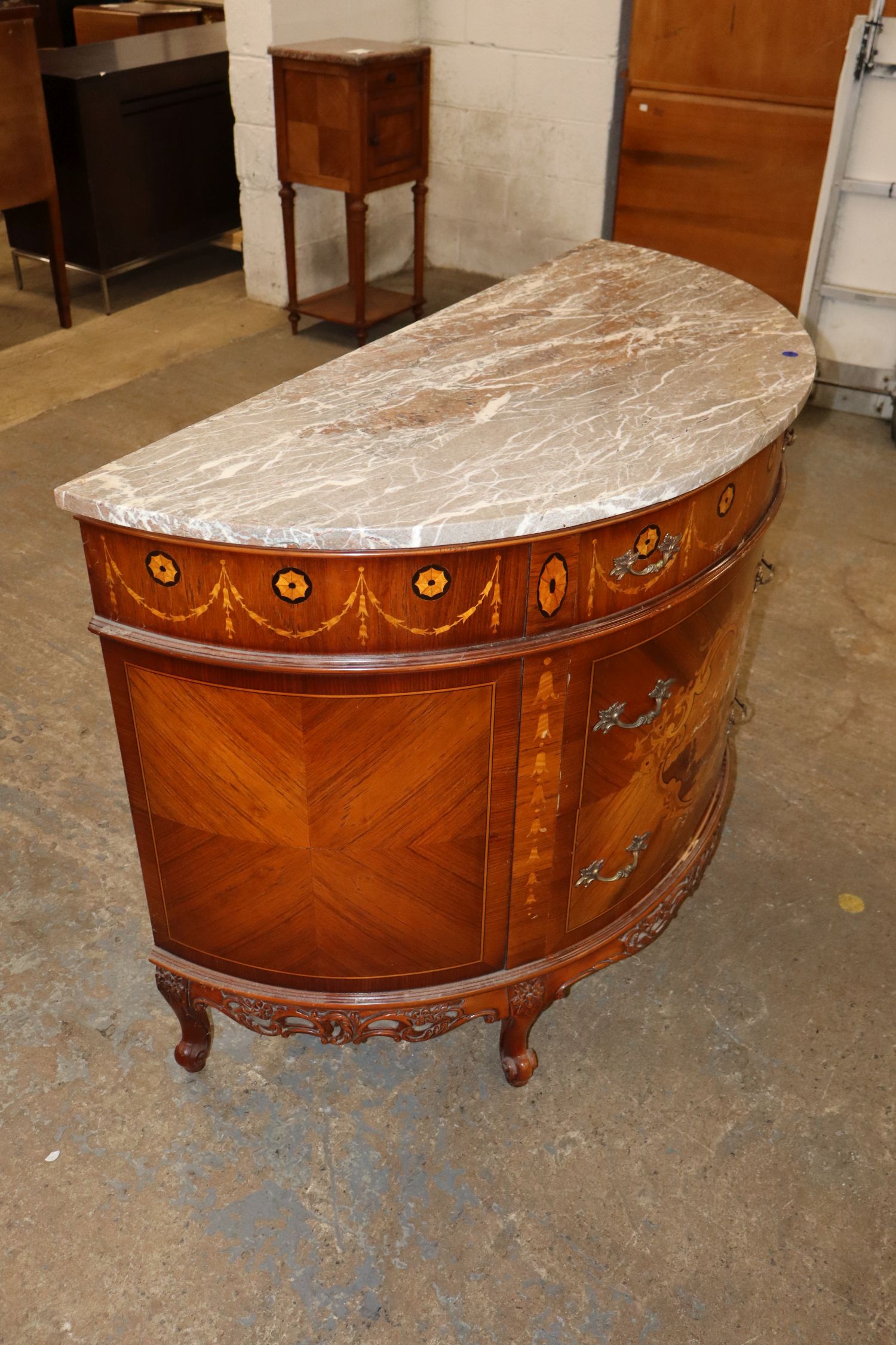 Antq FR Demilune MT Inlaid Satinwood 3-Dr Commode