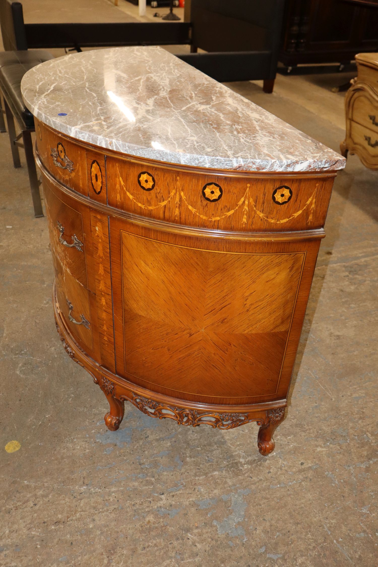 Antq FR Demilune MT Inlaid Satinwood 3-Dr Commode